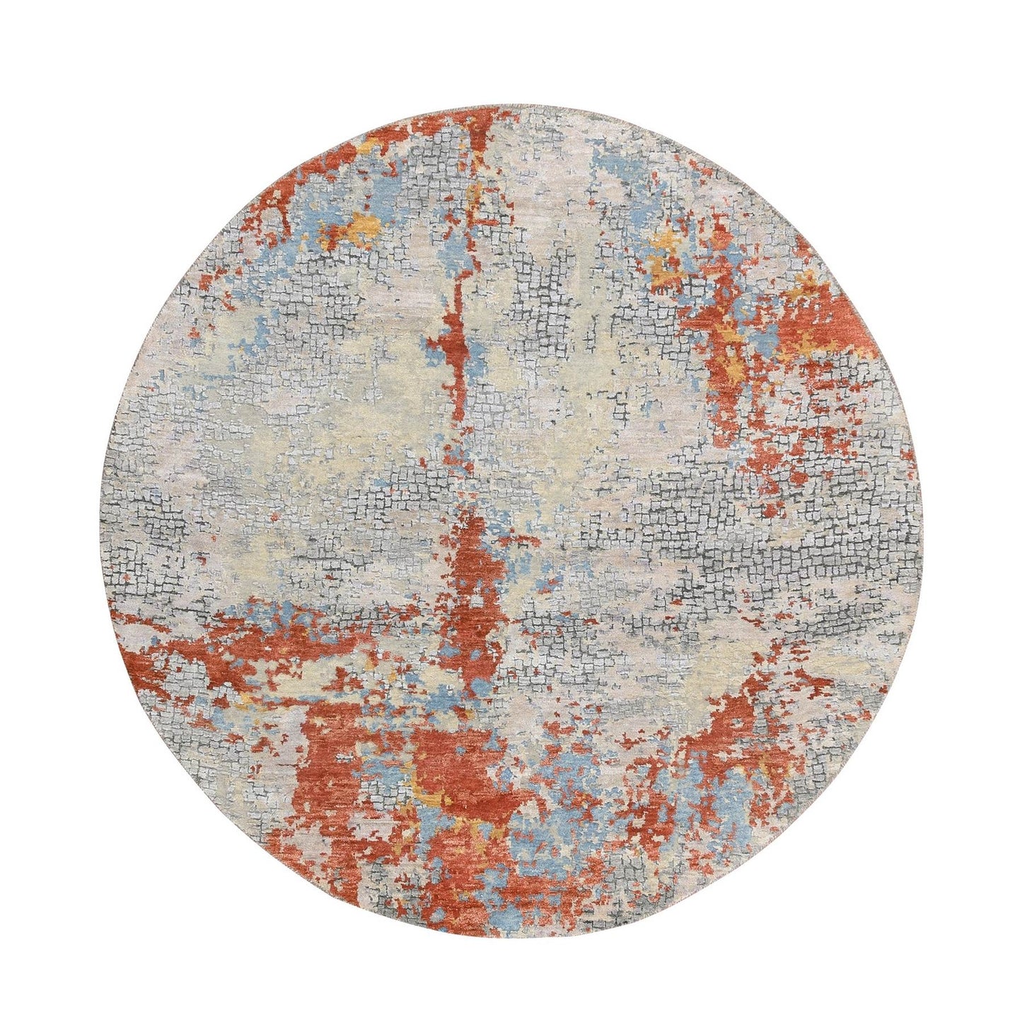 5'10"X5'10" Cream Abstract Design Wool And Silk Hand Knotted Round Rug