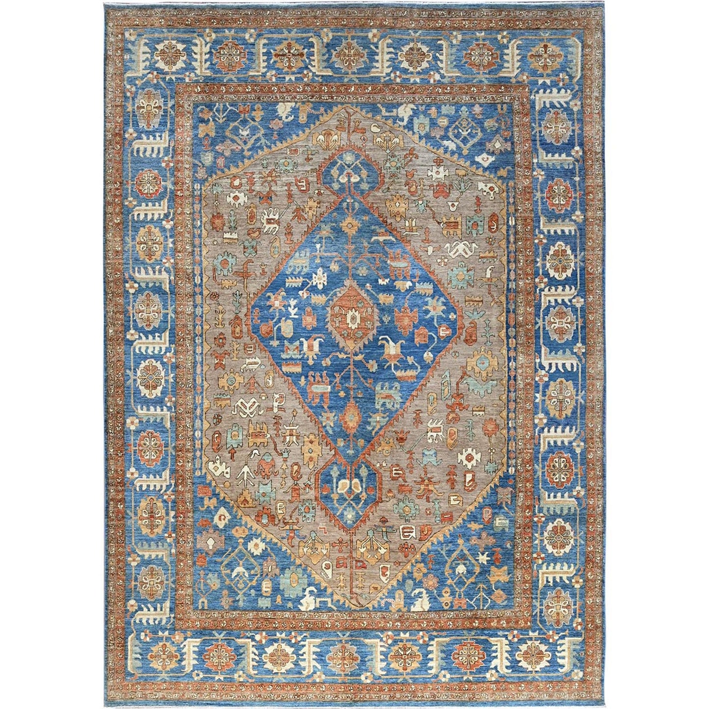 9'10"X13'8" Brown Peshawar Heris Hand Knotted Soft High Mountain Wool Rug