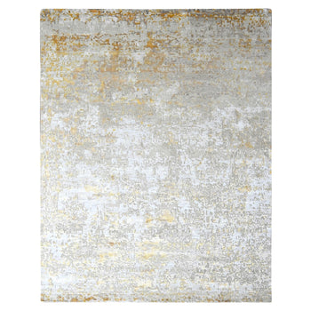 9'X12' Beige With Gold Abstract Design Wool And Silk Hand Knotted Rug