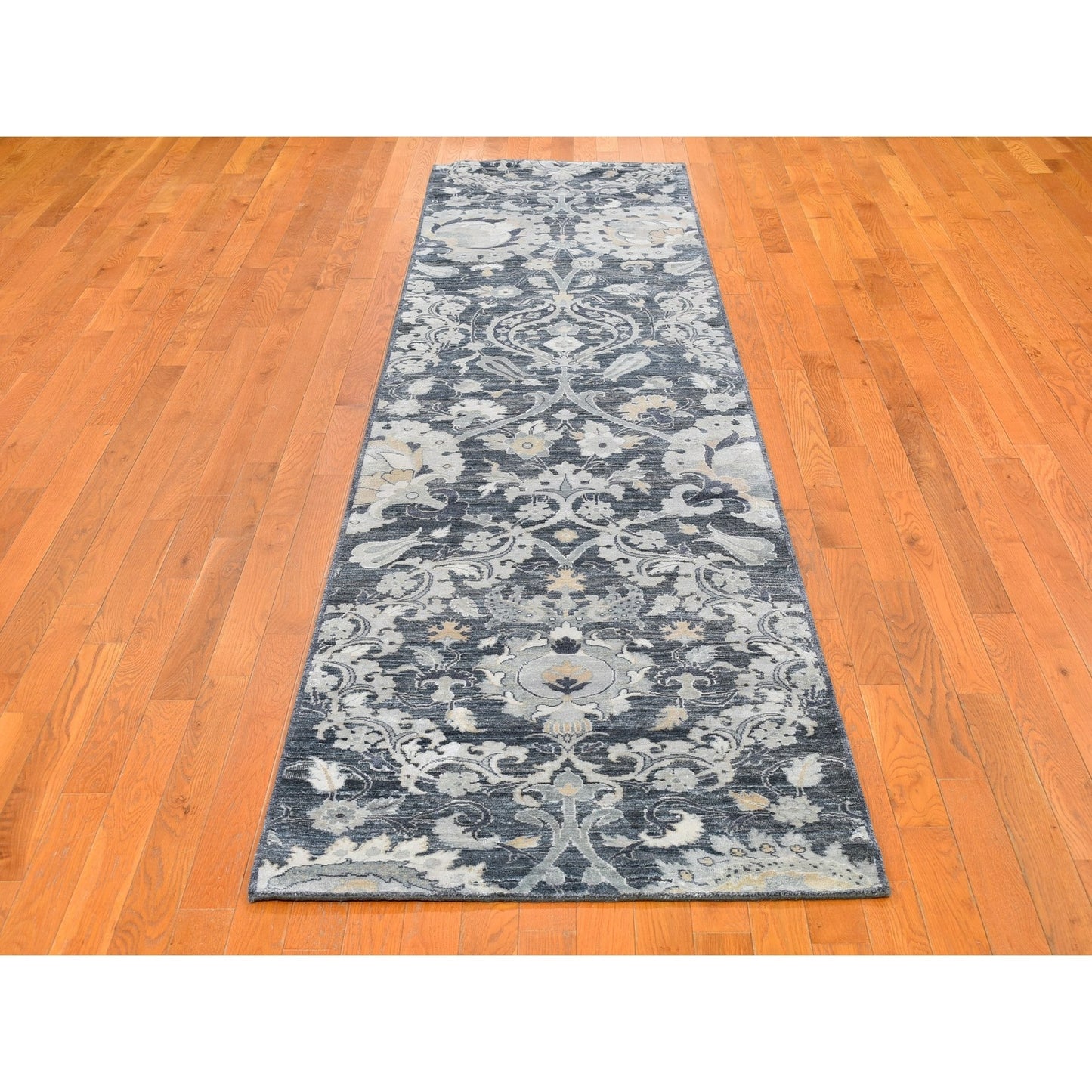 3'X12'2" Silk With Textured Wool Palmette Motif Hand Made Wide Runner Rug