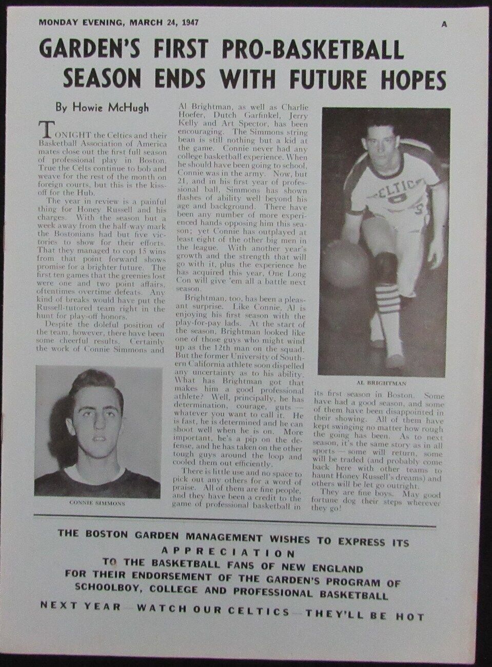 Vintage 1947 Boston Celtics Vs. Chicago Stags