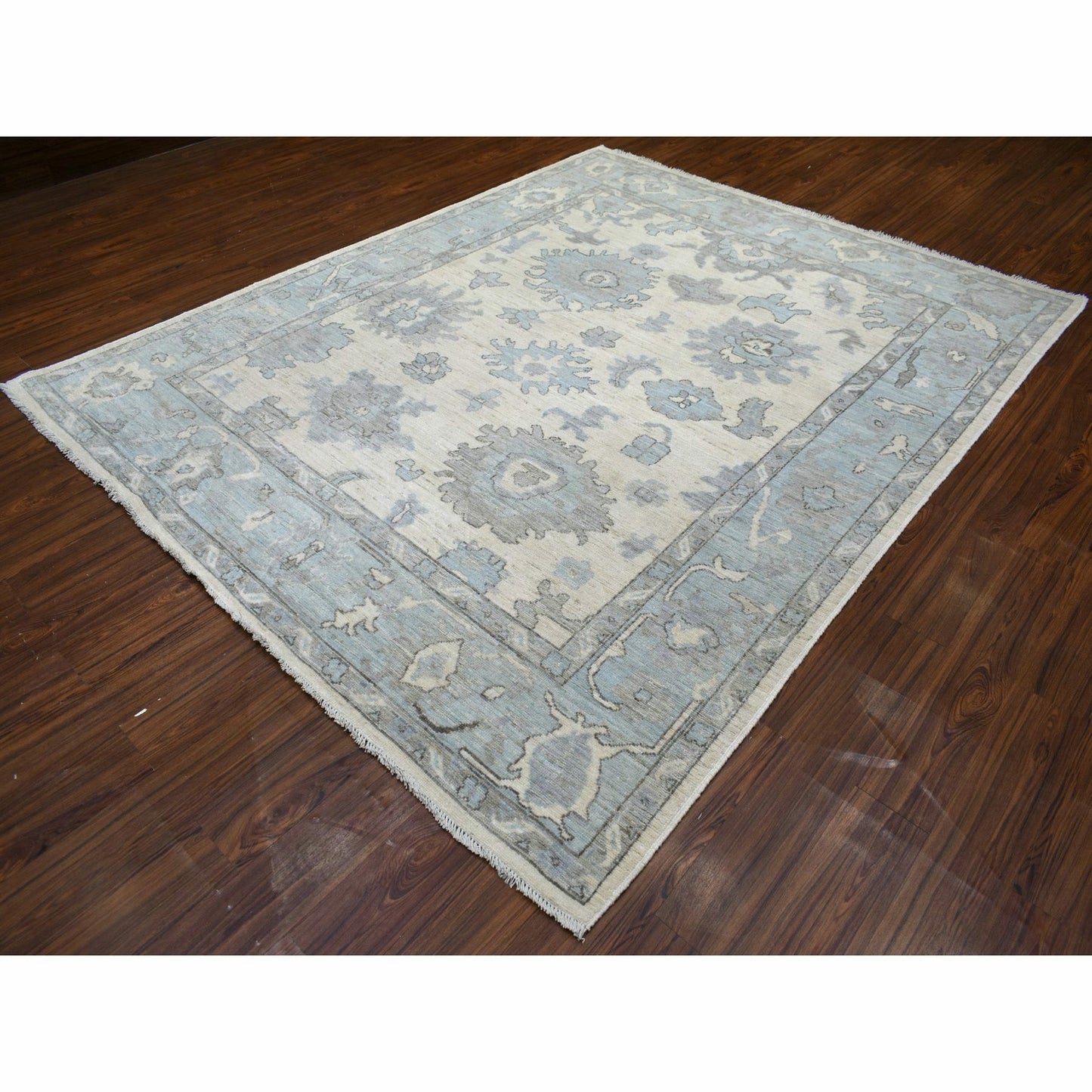 8'X9'9" Ivory Hand Knotted Afghan Angora Oushak Soft Wool Rug