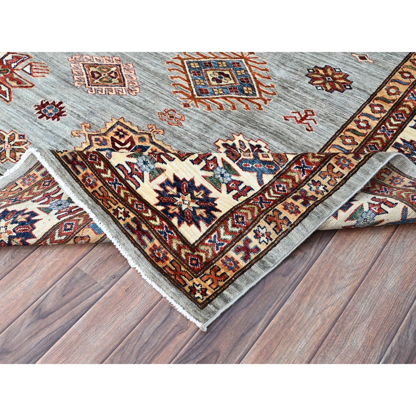 9'X12' Puritan Gray Hand Knotted Soft Wool Super Kazak Oriental Rug