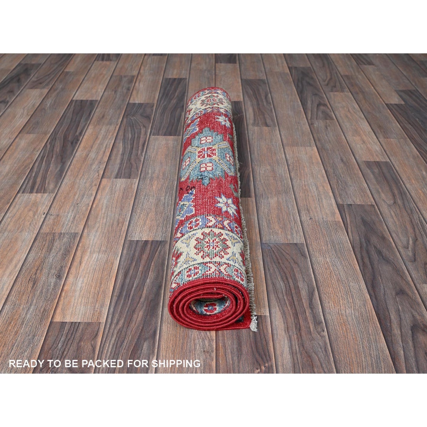 2'9"X4' Berry Red Kazak With Tribal Design Hand Knotted Soft Wool Mat Rug