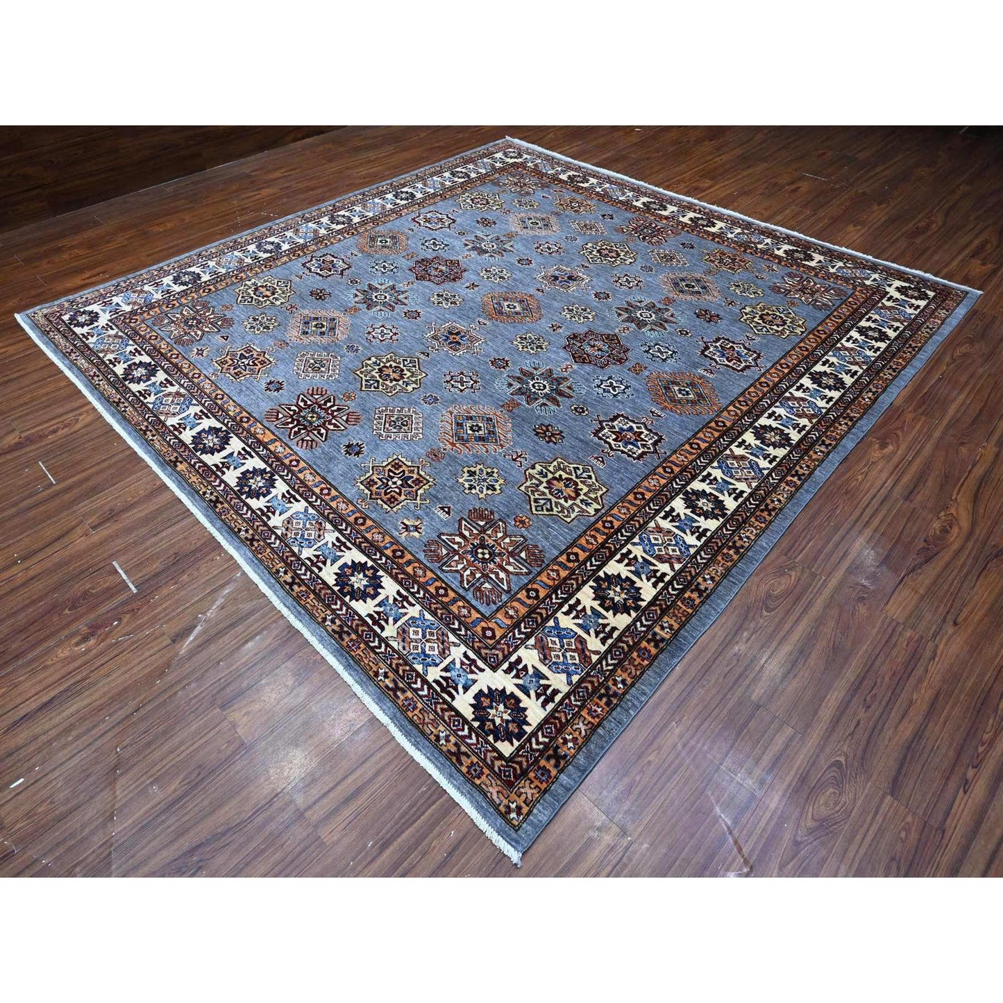 10'X10' Gray Hand Knotted Super Kazak Wool Medallions Oriental Square Rug