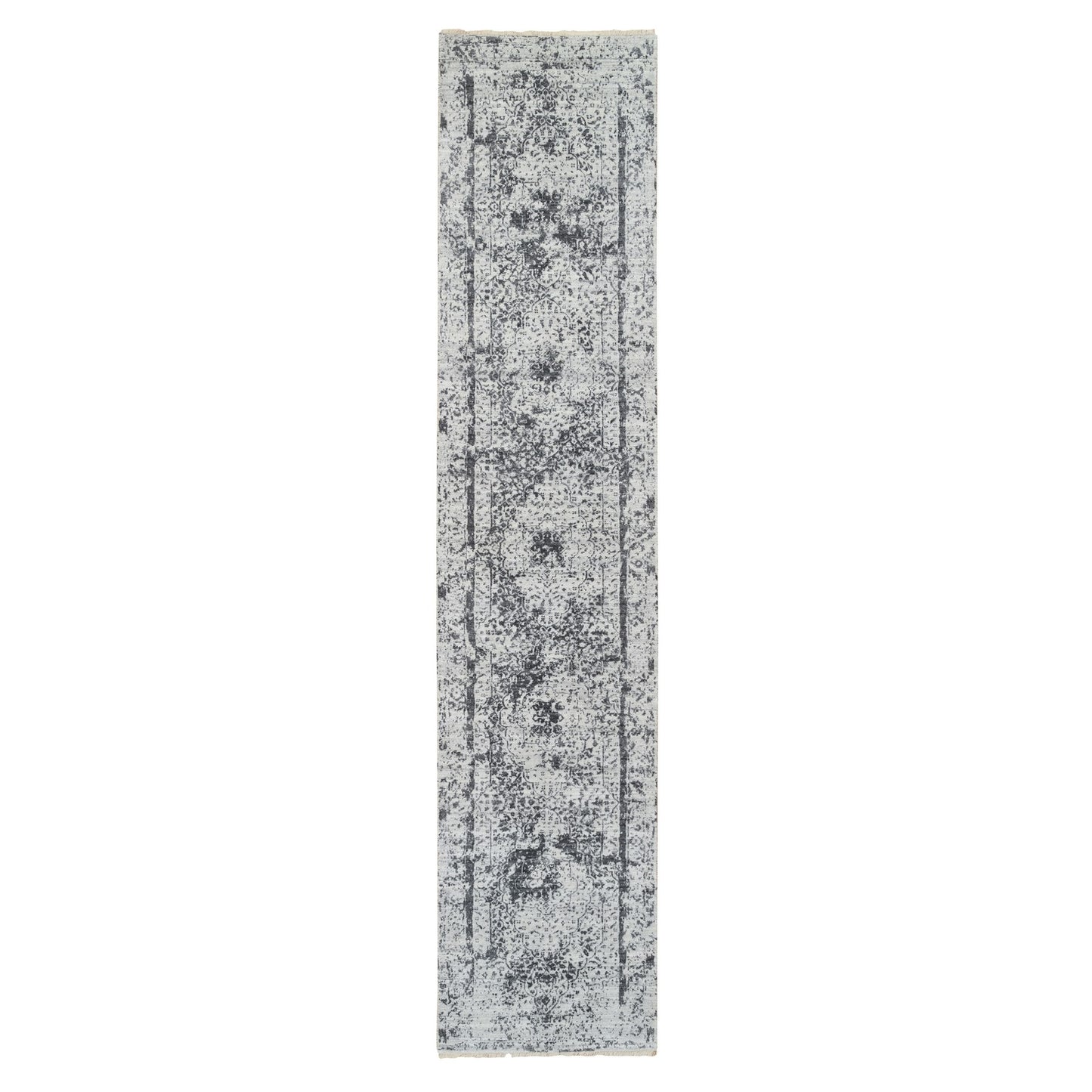 2'7"X12' Gray Wool/Silk Hand Knotted Erased Zoroastrian Design Runner Rug