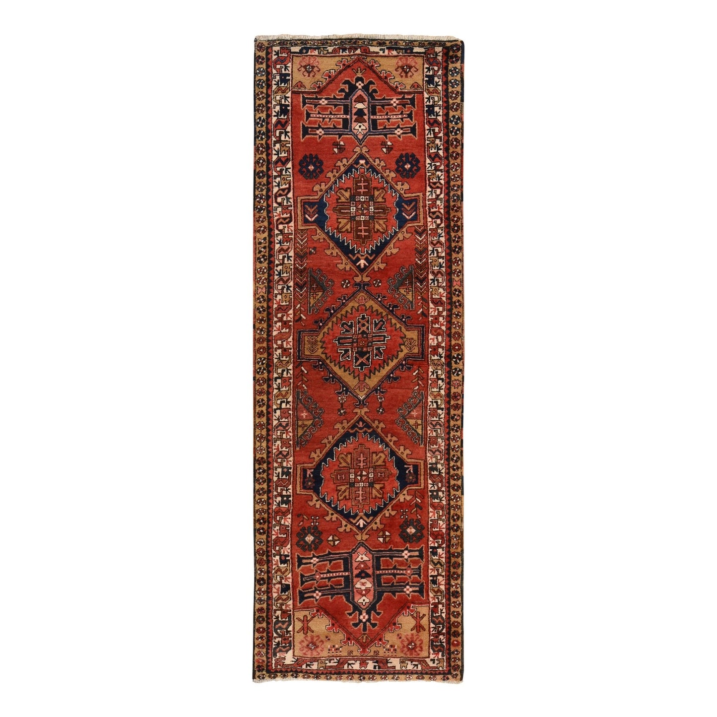 3'2"X10' Red Vintage Zoroastrian Heris Pure Wool Hand Knotted Runner Rug