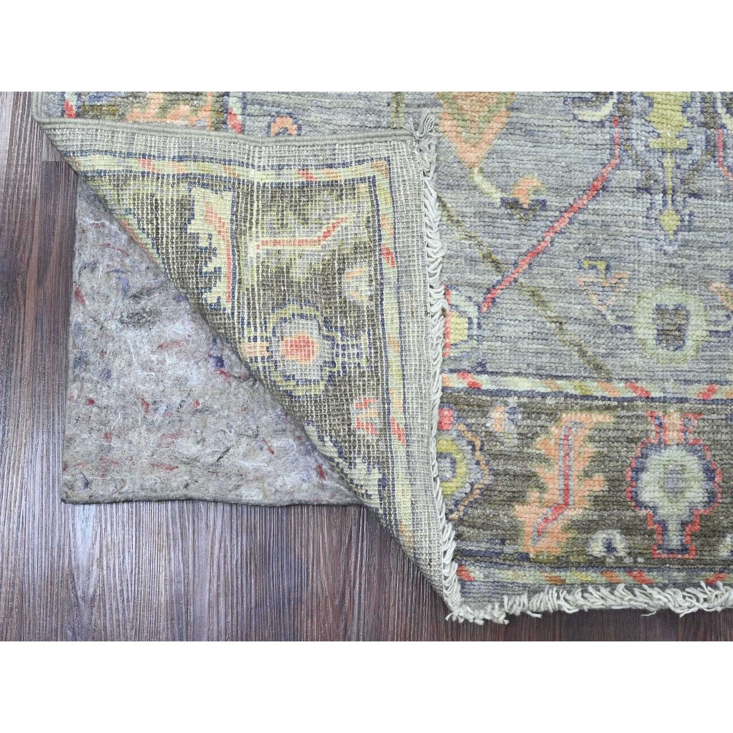 4'X10'1" Gray Angora Oushak Vines Design Hand Knotted All Wool Runner Rug