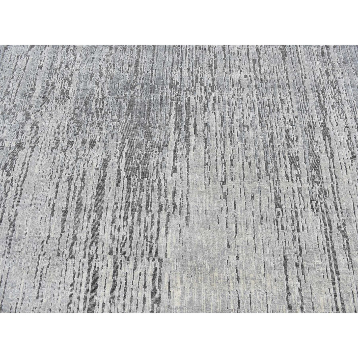 9'X11'10" Medium Gray Vertical Ombre Design Pure Silk Hand Knotted Rug