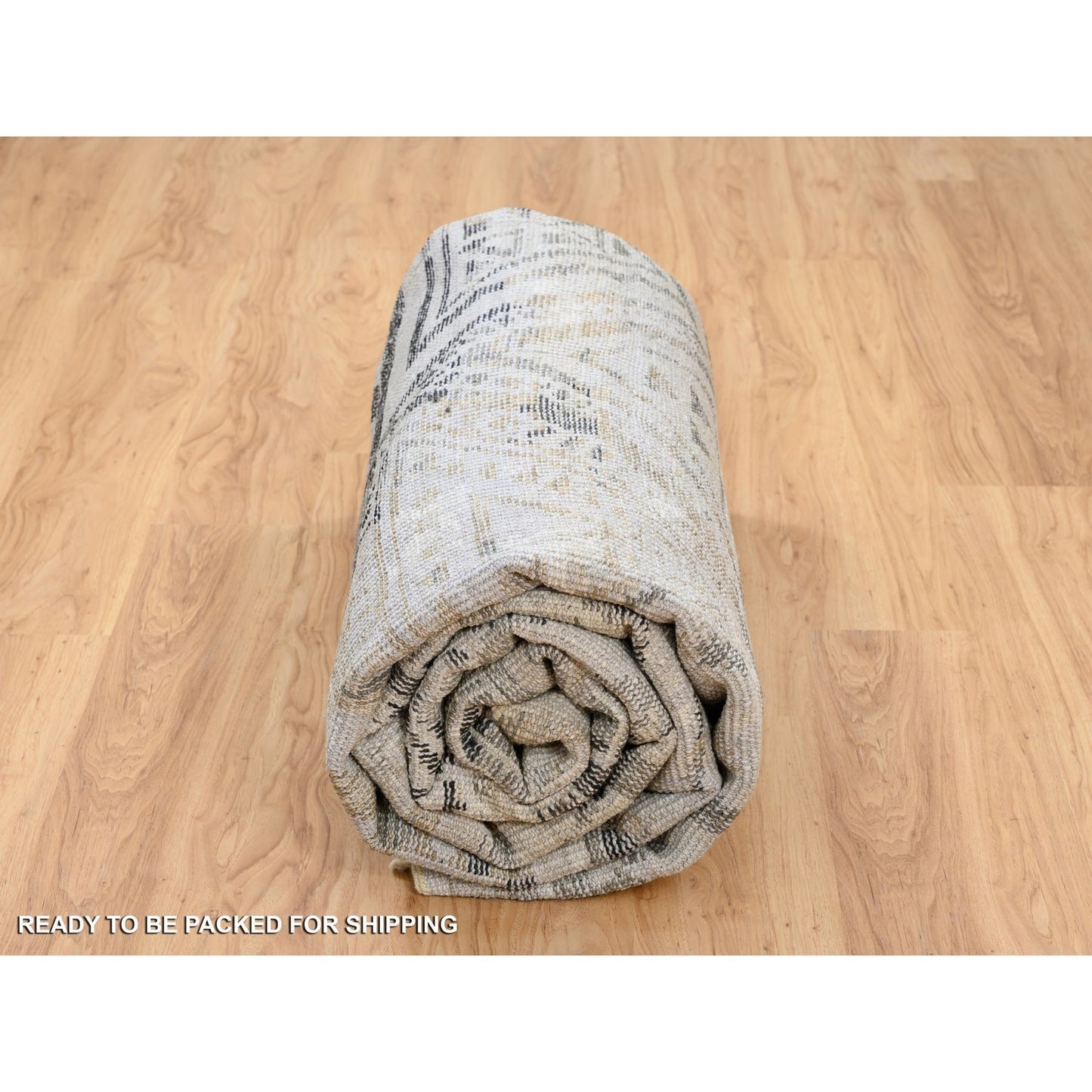 9'1"X12' Gray Erased Ethnic Geometric Design Wool Hand Knotted Rug