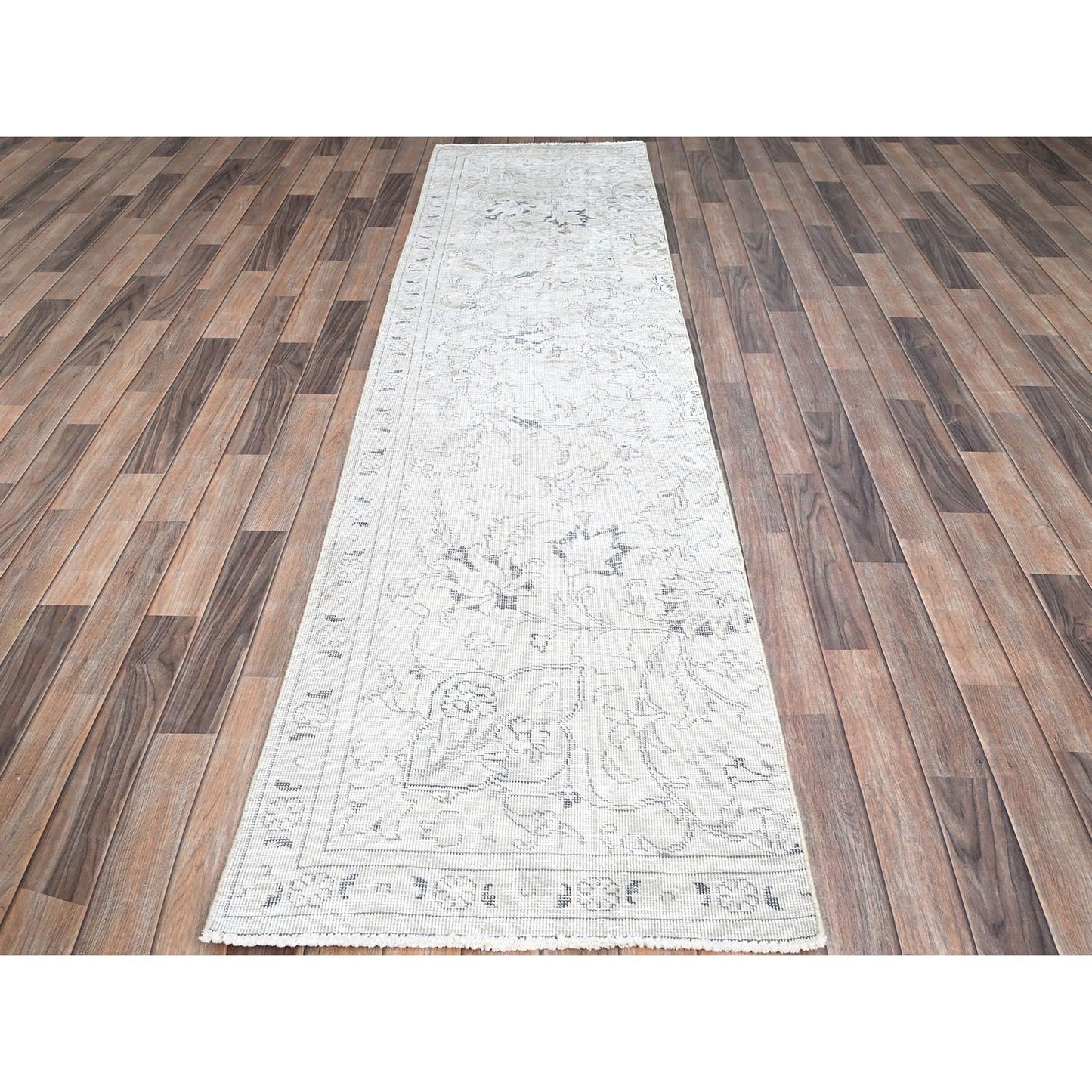2'6"X10' White Fragment Old Tebraz Hand Knotted Worn Pure Wool Runner Rug