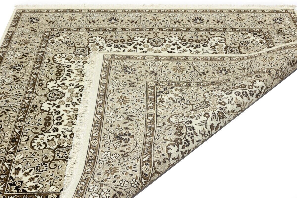 Hand-Knotted Kirman Square Rug Cream Floral Wool