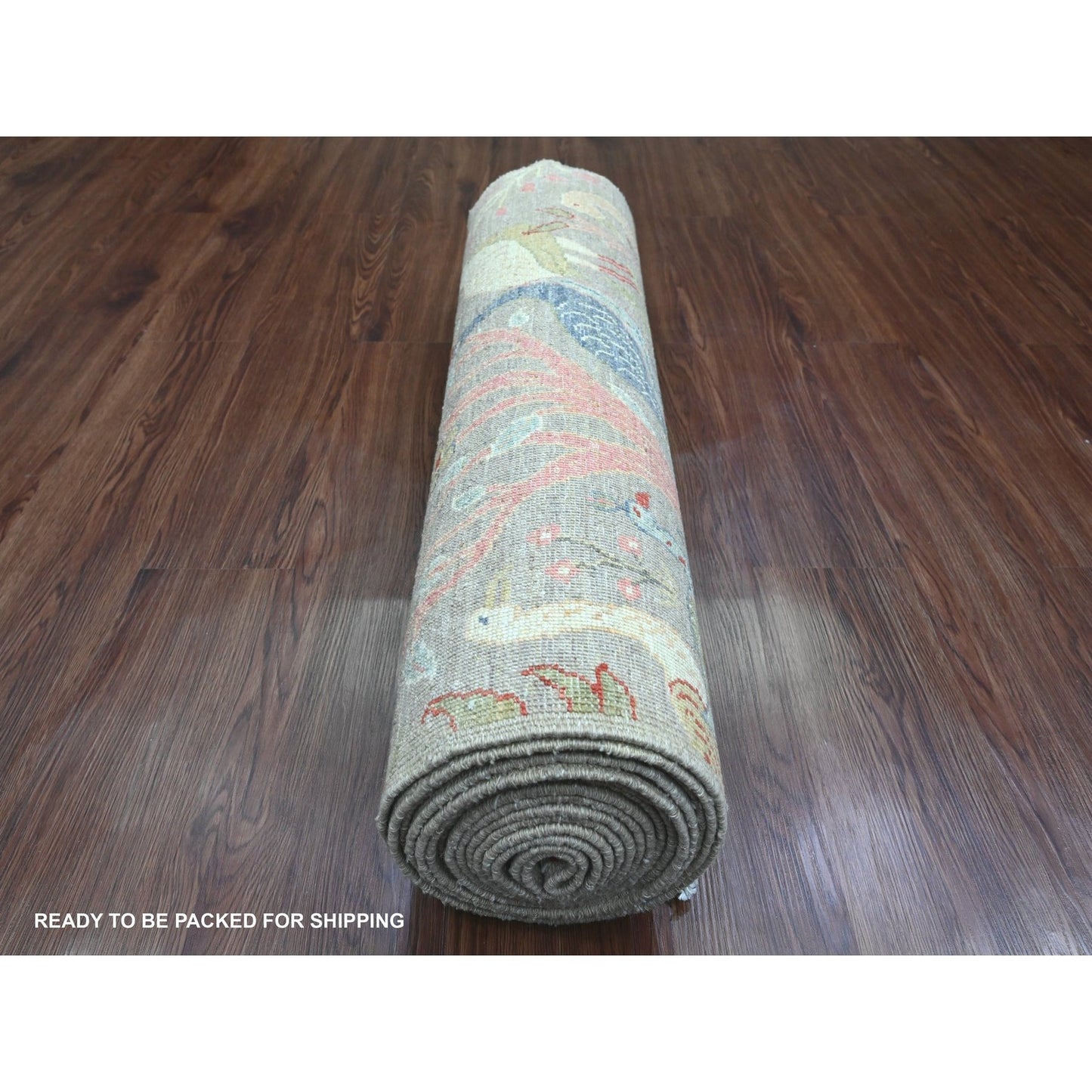 3'X19'5" Gray Afghan Peshawar Birds Design Hand Knotted Wool Runner Rug