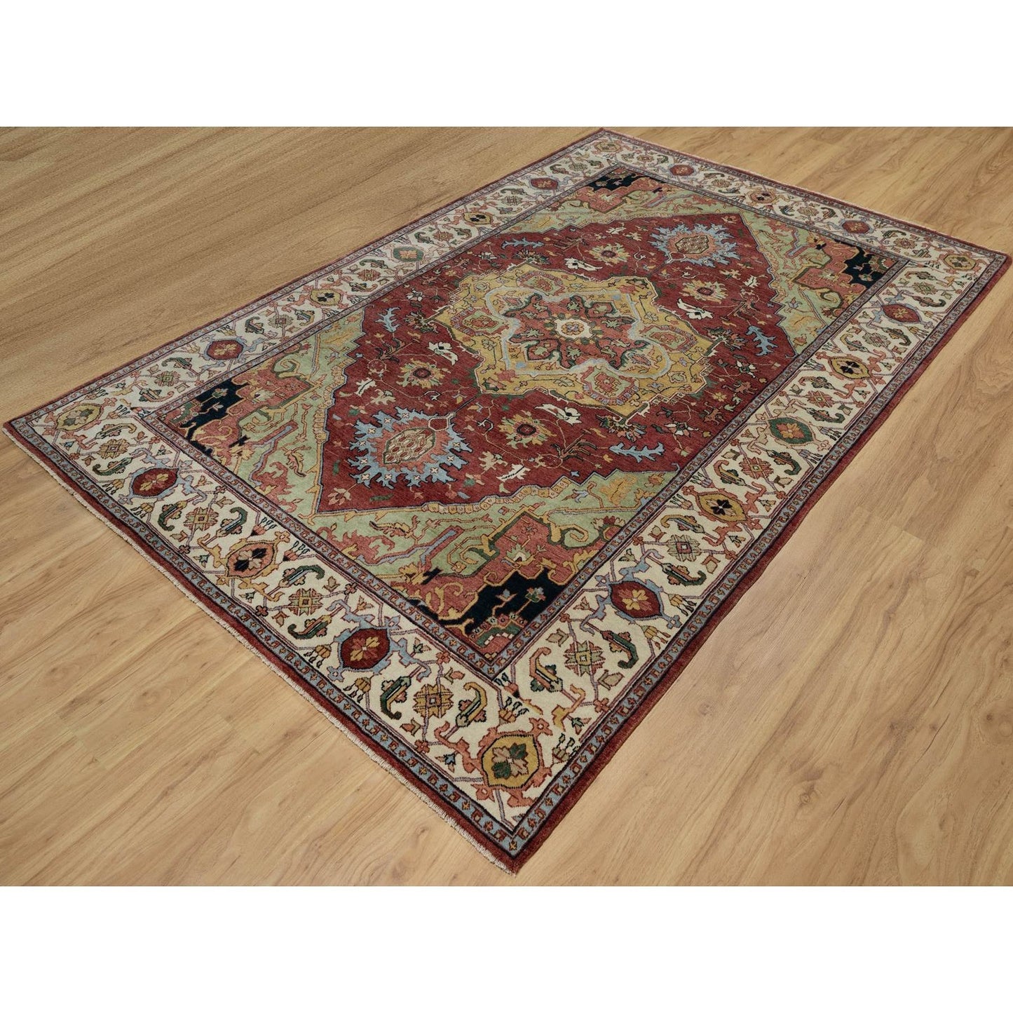 6'1"X9'2" Red Antiqued Fine Heris Re-Creation Hand Knotted 100% Wool Rug