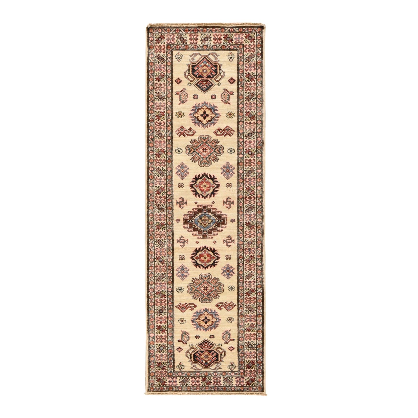 2'9"X8'3" Ivory Super Kazak Geometric Design Hand Knotted Wool Runner Rug