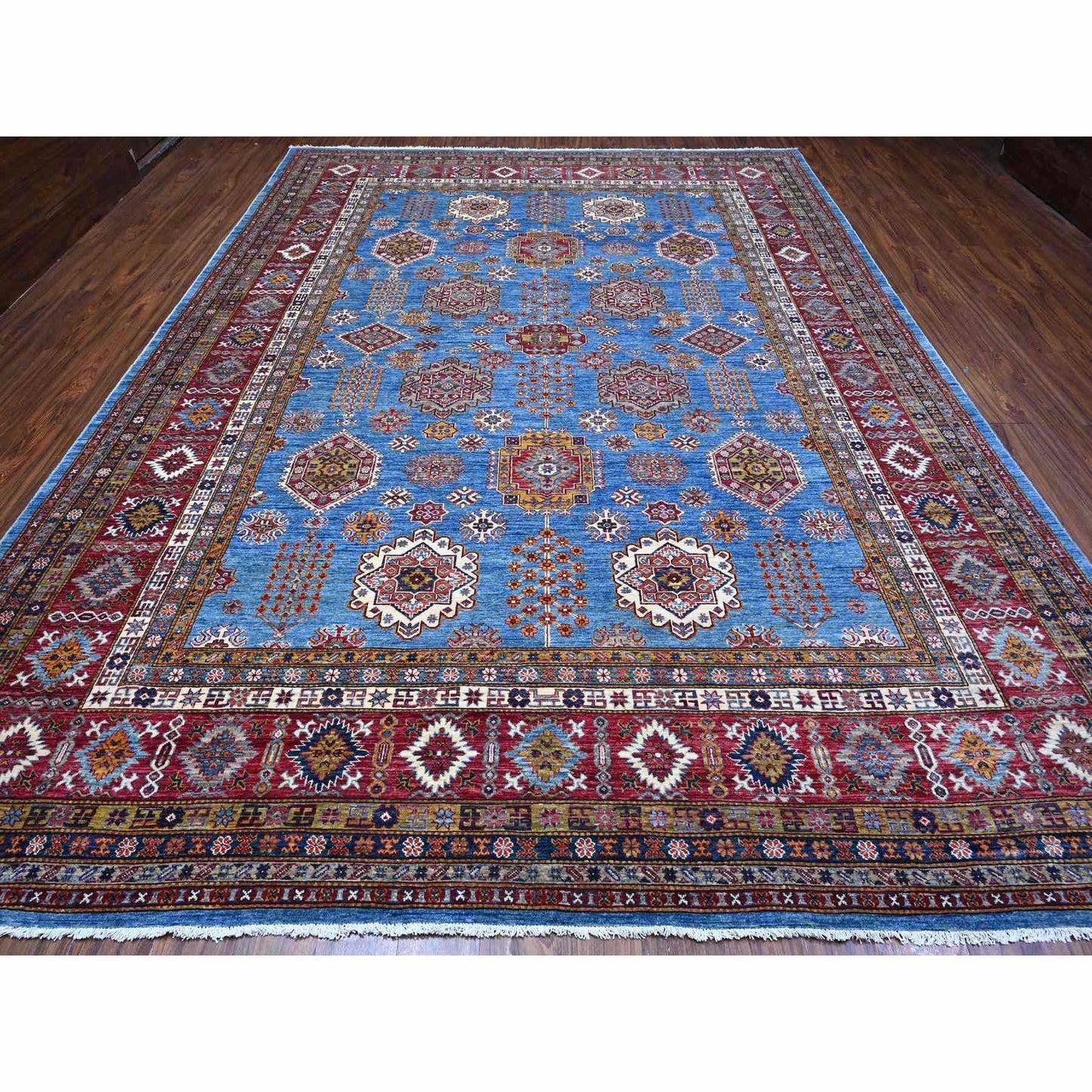 10'2"X13'8" Blue Hand Knotted Super Kazak All Over Motifs Oriental Rug