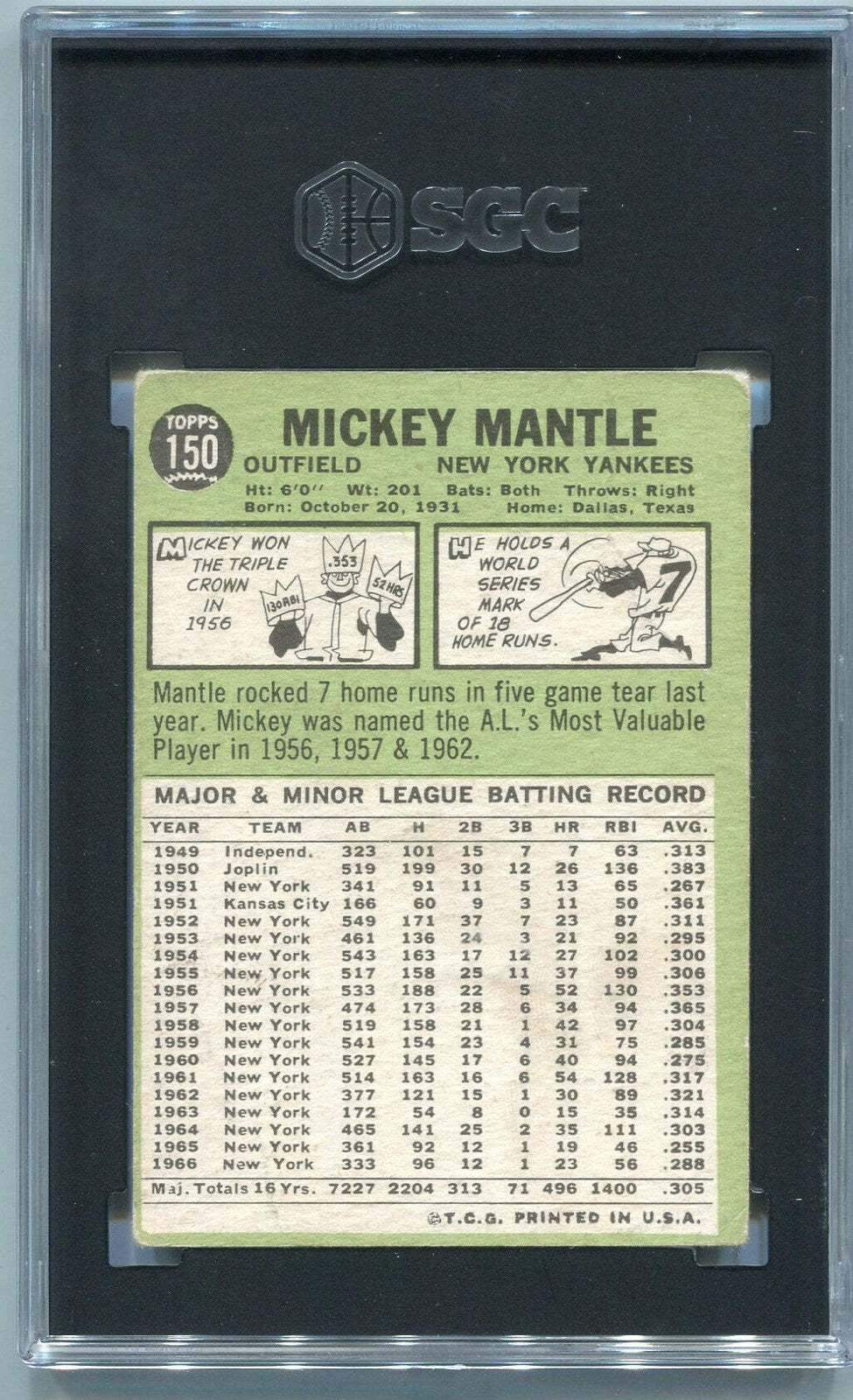 Mickey Mantle 1967 Topps Card #150 Sgc Graded 1.5