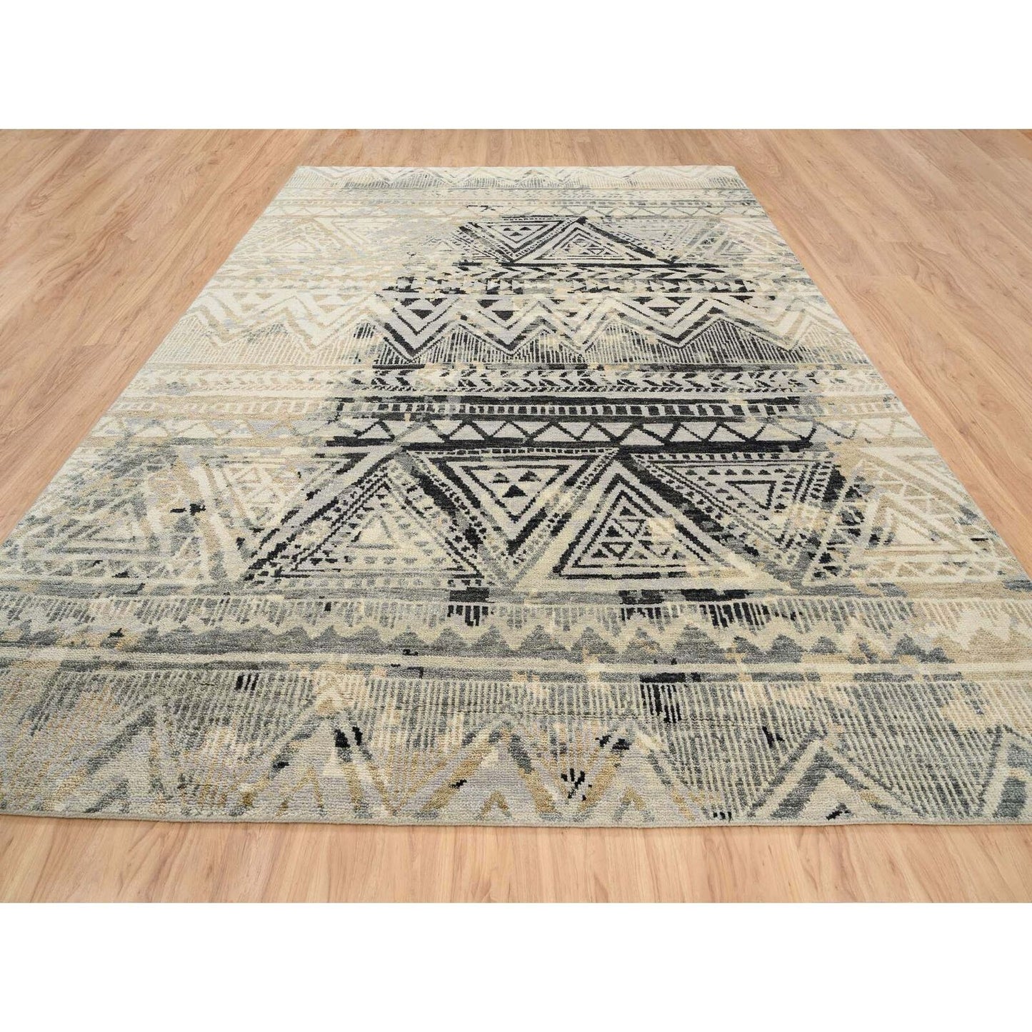 9'9"X13'10" Gray Erased Ethnic Geometric Design Wool Hand Knotted Rug