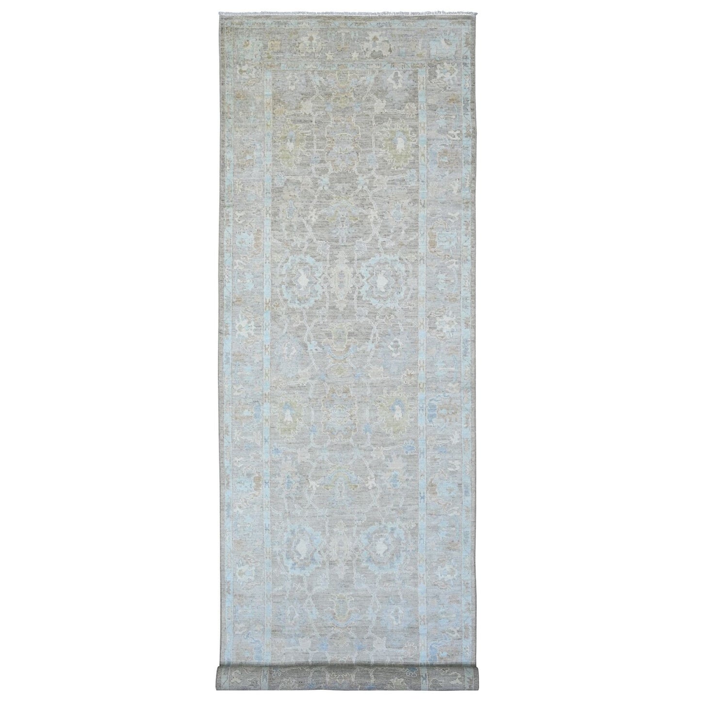 5'X19'9" Brown Angora Oushak Vines Design Hand Knotted Wool Runner Rug