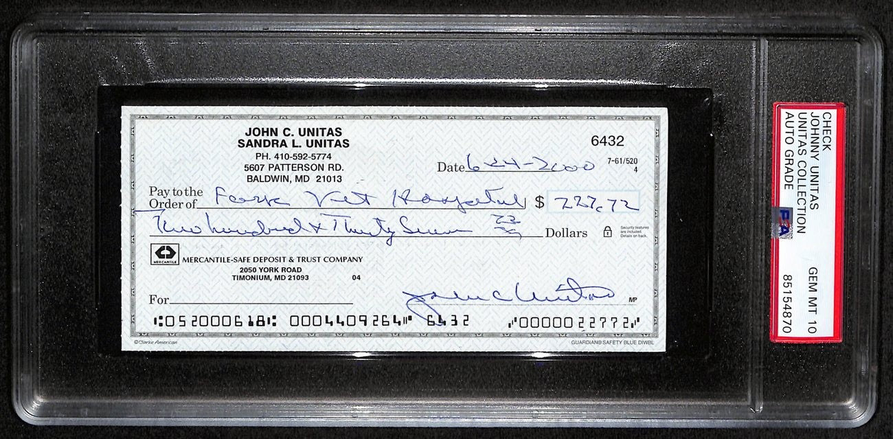 Johnny Unitas Hof Signed/Auto 2000 Bank Check