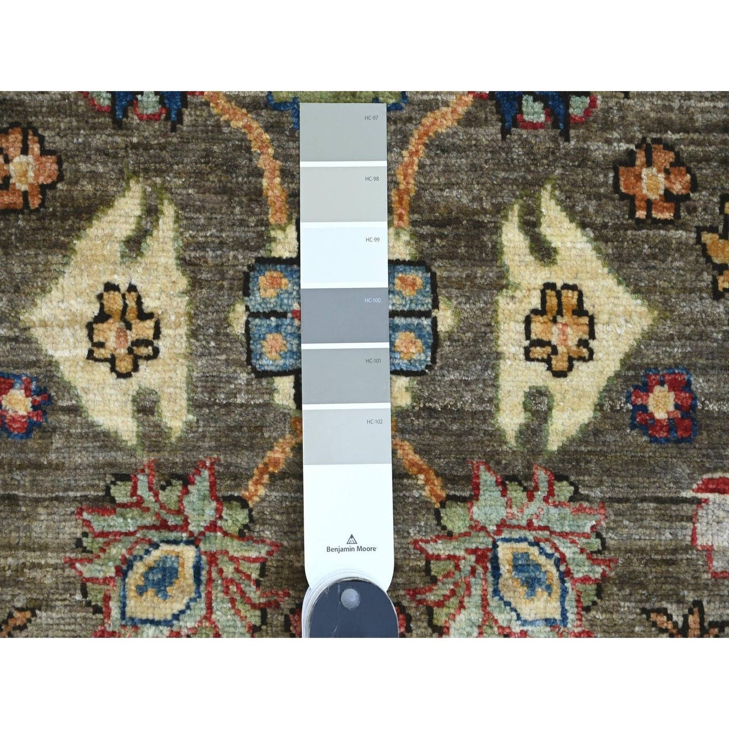 3'2"X11'8" Brown Peshawar Heris Design Pure Wool Hand Knotted Runner Rug
