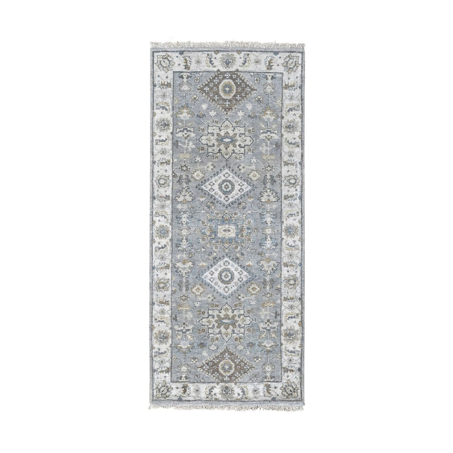 2'7"X6' Flannel Gray Karajeh Geometric Design Hand Knotted Shiny Wool Rug