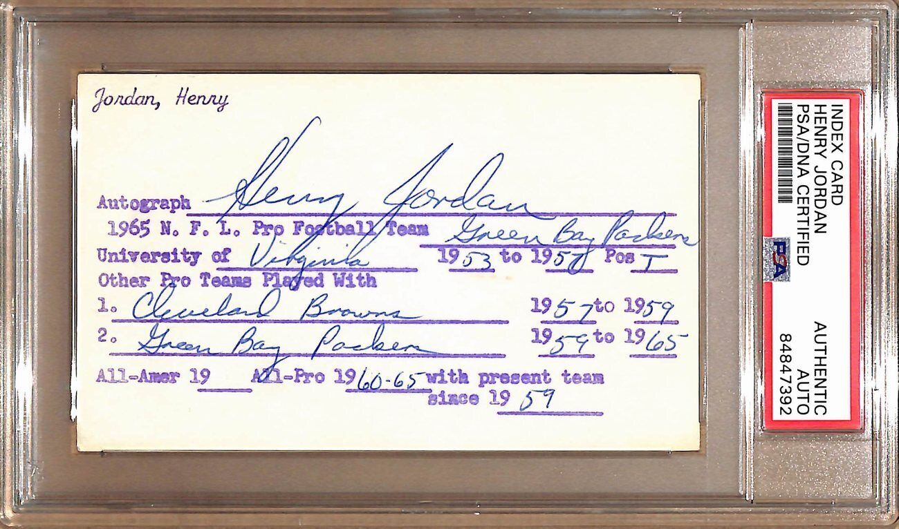 Henry Jordan Hof Autographed 3X5 Index Card Green