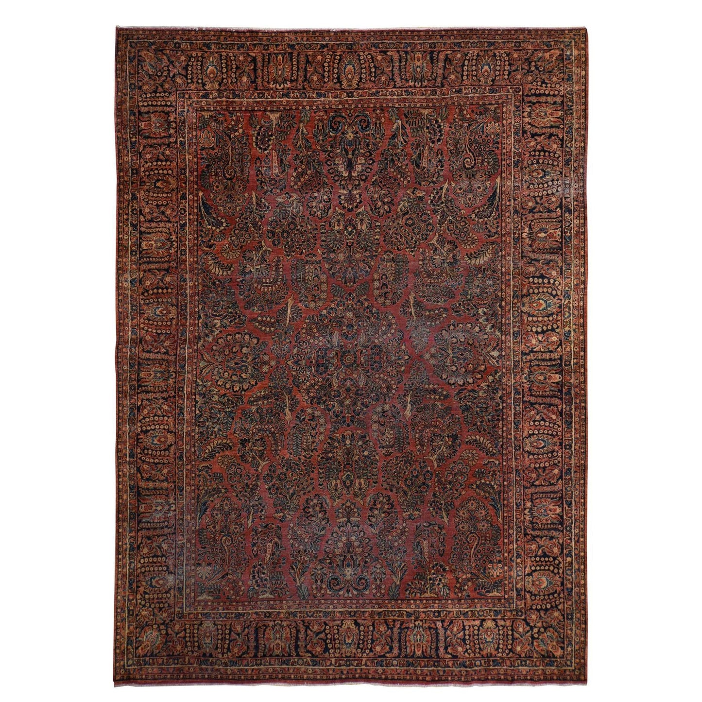 10'X13'4" Red Antique Zoroastrian Saroogh Worn Down Wool Hand Knotted Rug