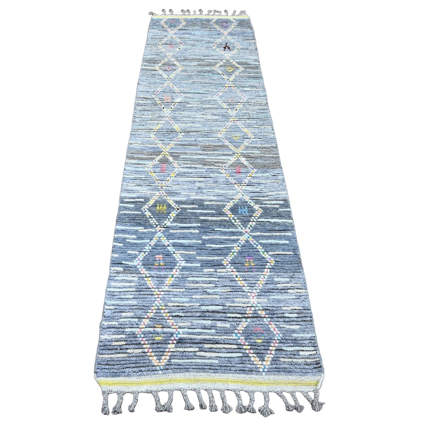 2'5"X8'4" Gray Geometric Moroccan Weave Hand Knotted Soft Wool Runner Rug