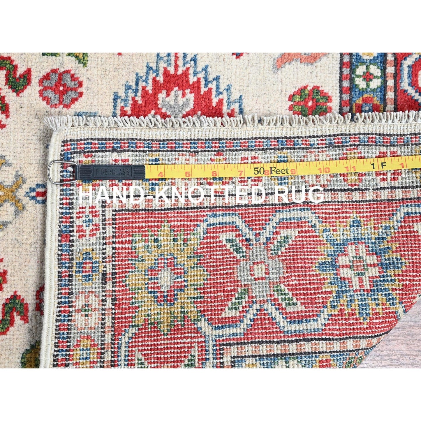 3'2"X5'3" White Hand Knotted Kazak Geometric Medallions Design All Wool Rug