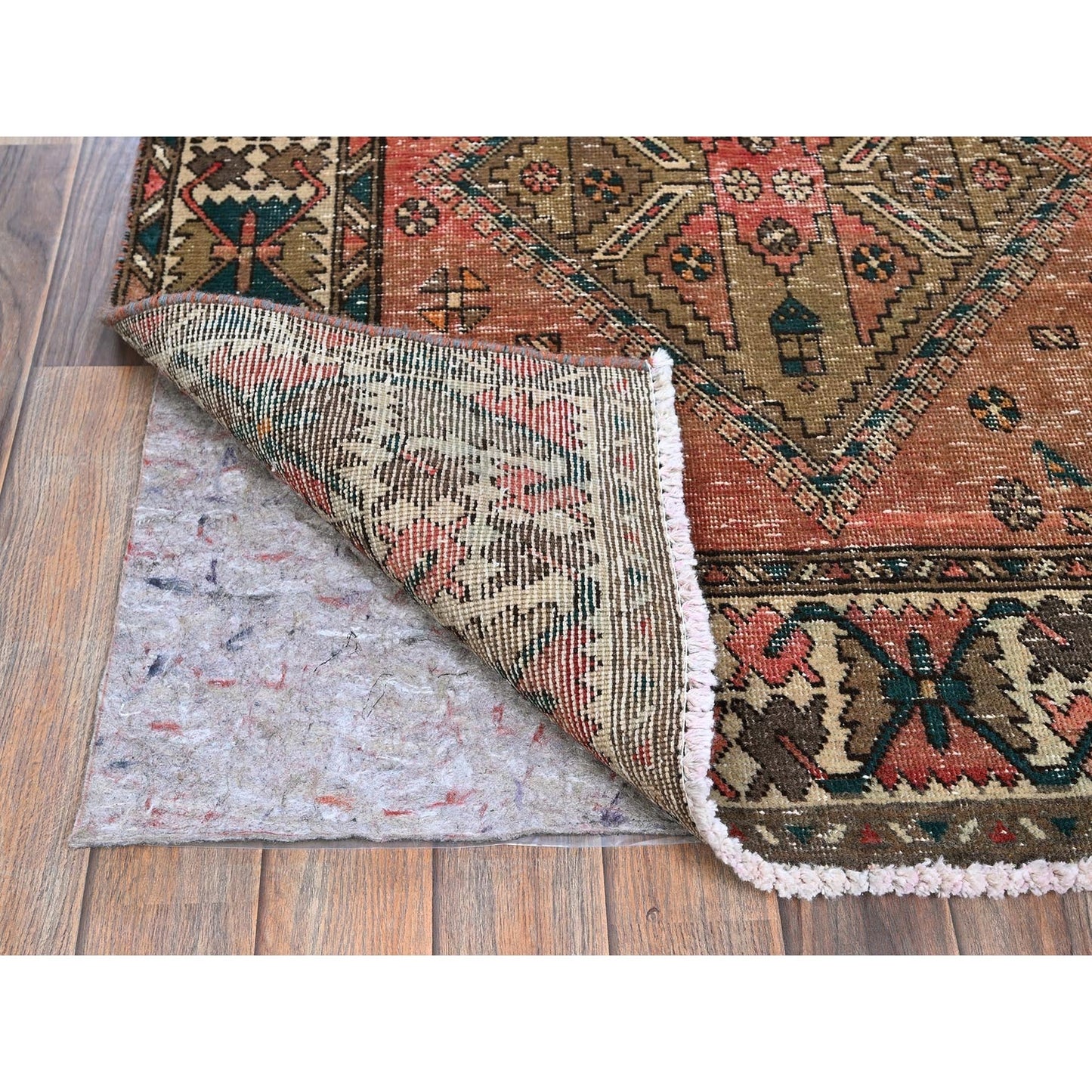 3'5"X10'3" Blush Red Vintage Zoroastrian Hand Knotted Pure Wool Runner Rug