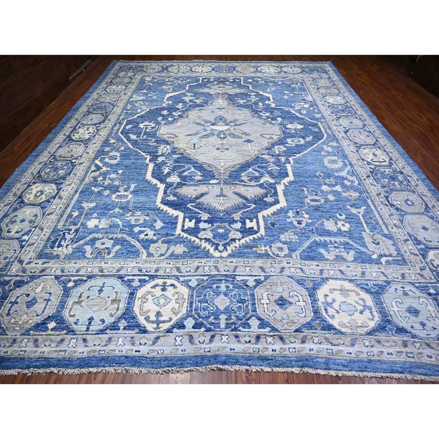 11'10"X15'1" Steel Blue Anatolian Village Inspired Wool Hand Knotted Rug