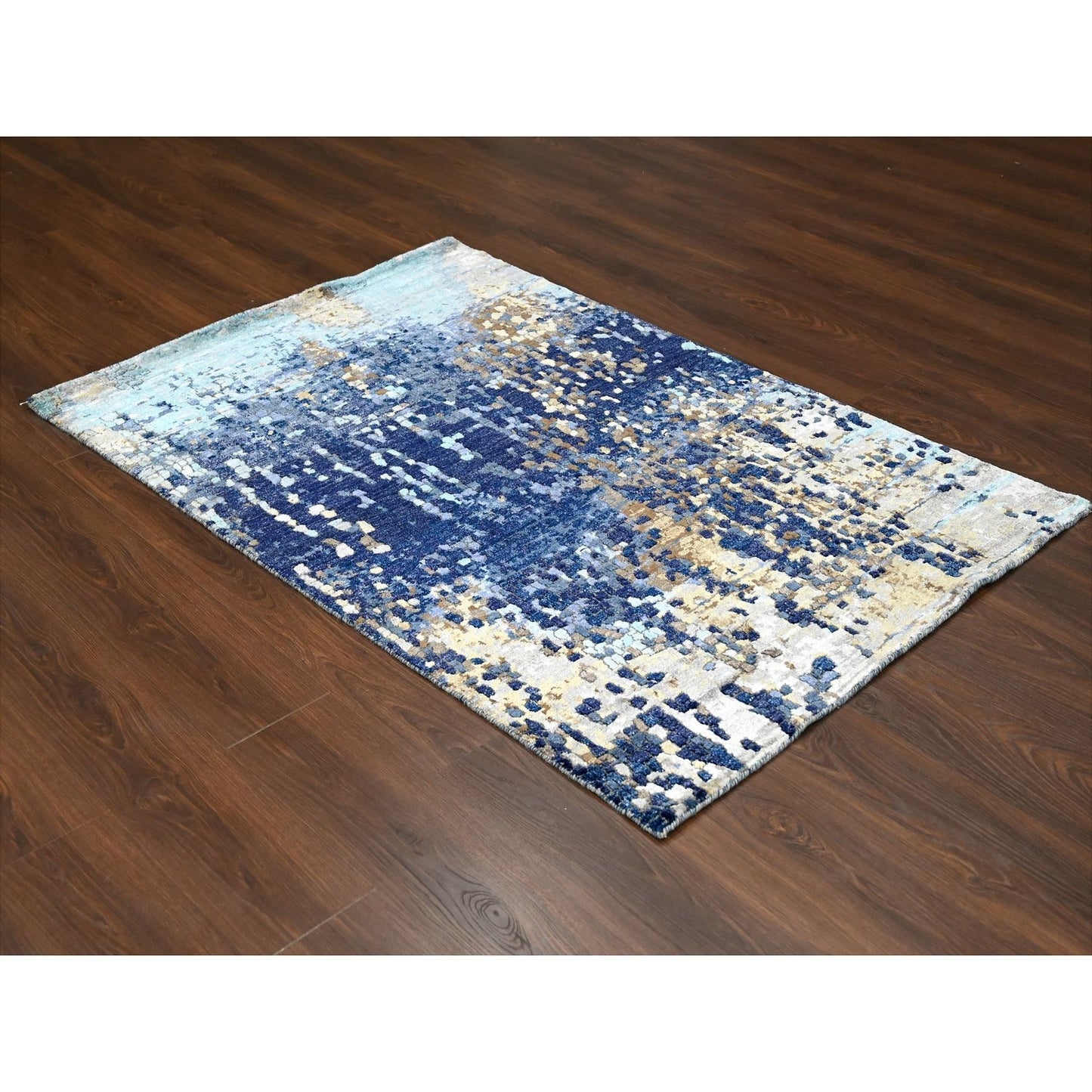 4'X6' Blue Modern Mosaic Design Wool And Silk Hand Knotted Rug