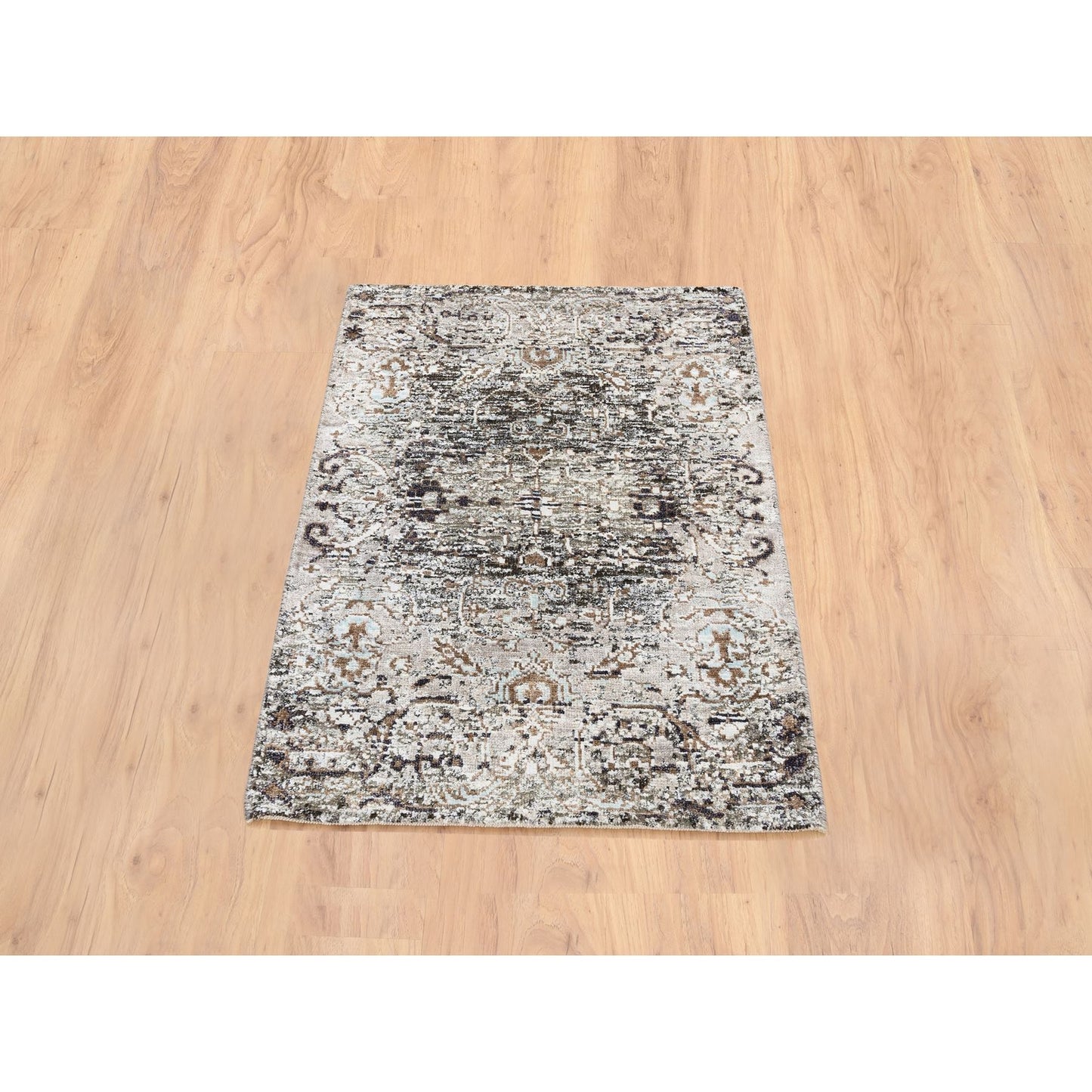 2'1"X3' Gray Hand Knotted Transitional Farsian Silk With Wool Mat Rug