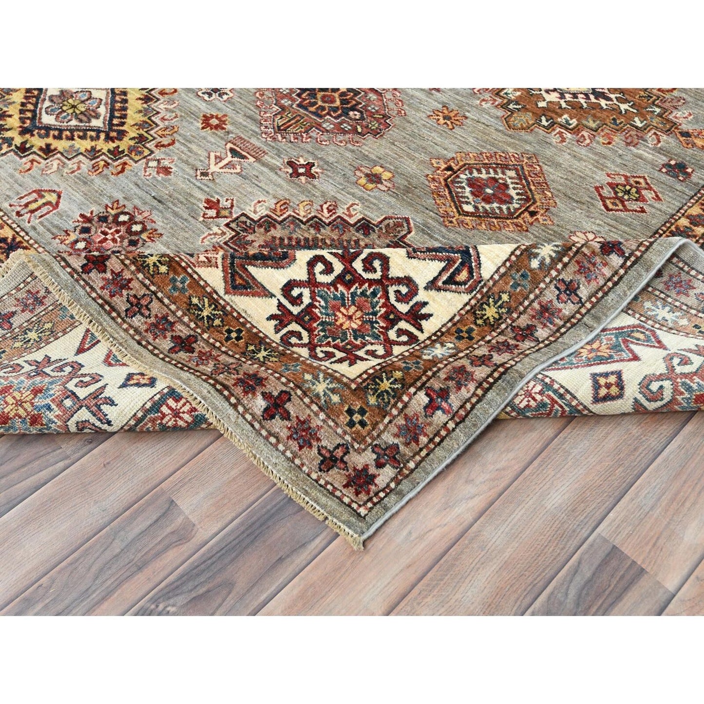 9'X12'4" Stone Gray Soft Wool Hand Knotted Afghan Super Kazak Rug