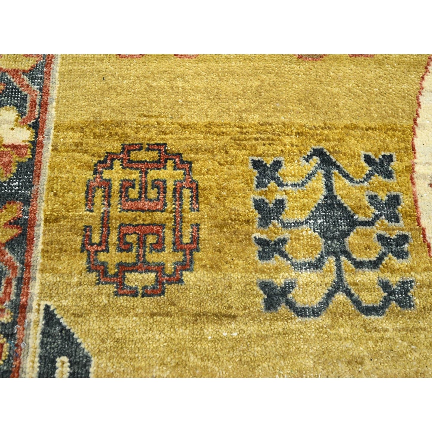 6'1"X9'4" Yellow Khotan Influence Distressed Hand Knotted 100% Wool Rug