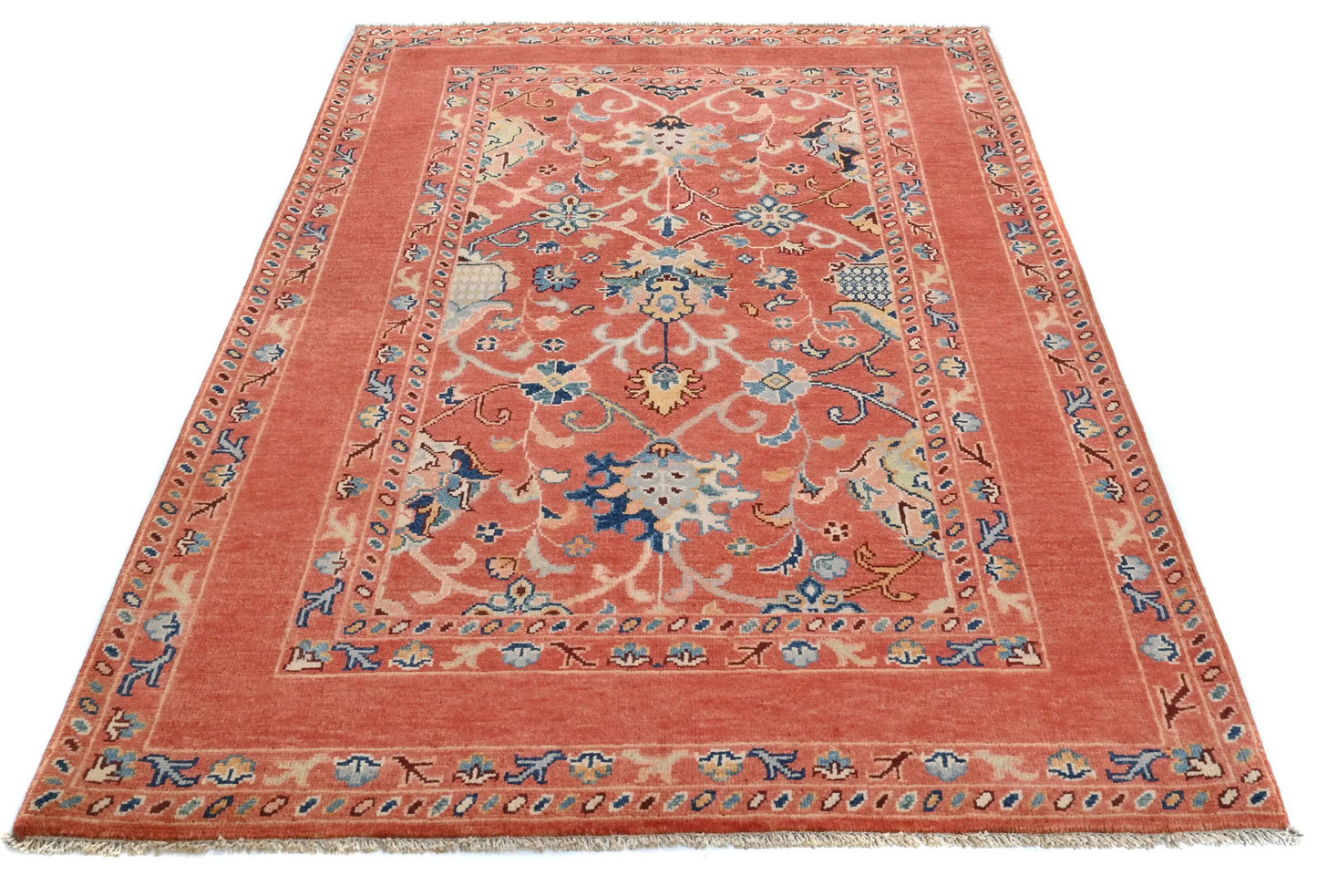 Orange Kazak Peshawar Rug 4X6 Ft Tribal Floral