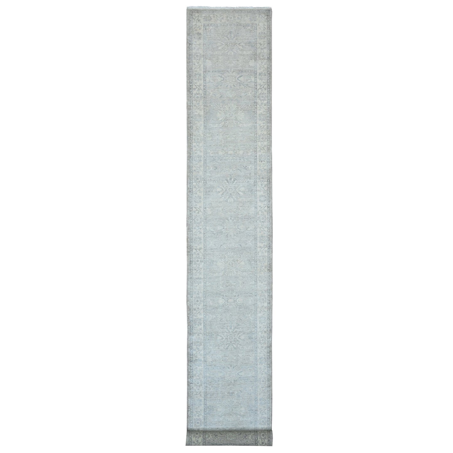 2'6"X19'2" Gray Peshawar With Heris Design Wool Hand Knotted Runner Rug