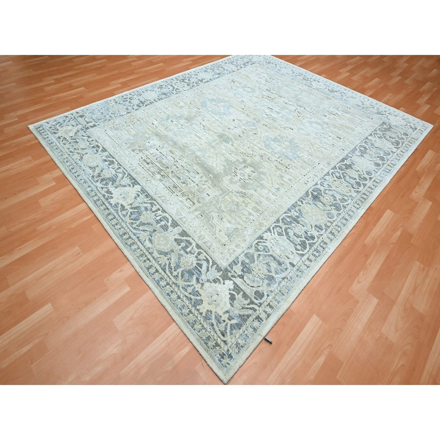 8'X9'10" Misty Gray Hand Knotted Oushak Design Silk And Oxidized Wool Rug