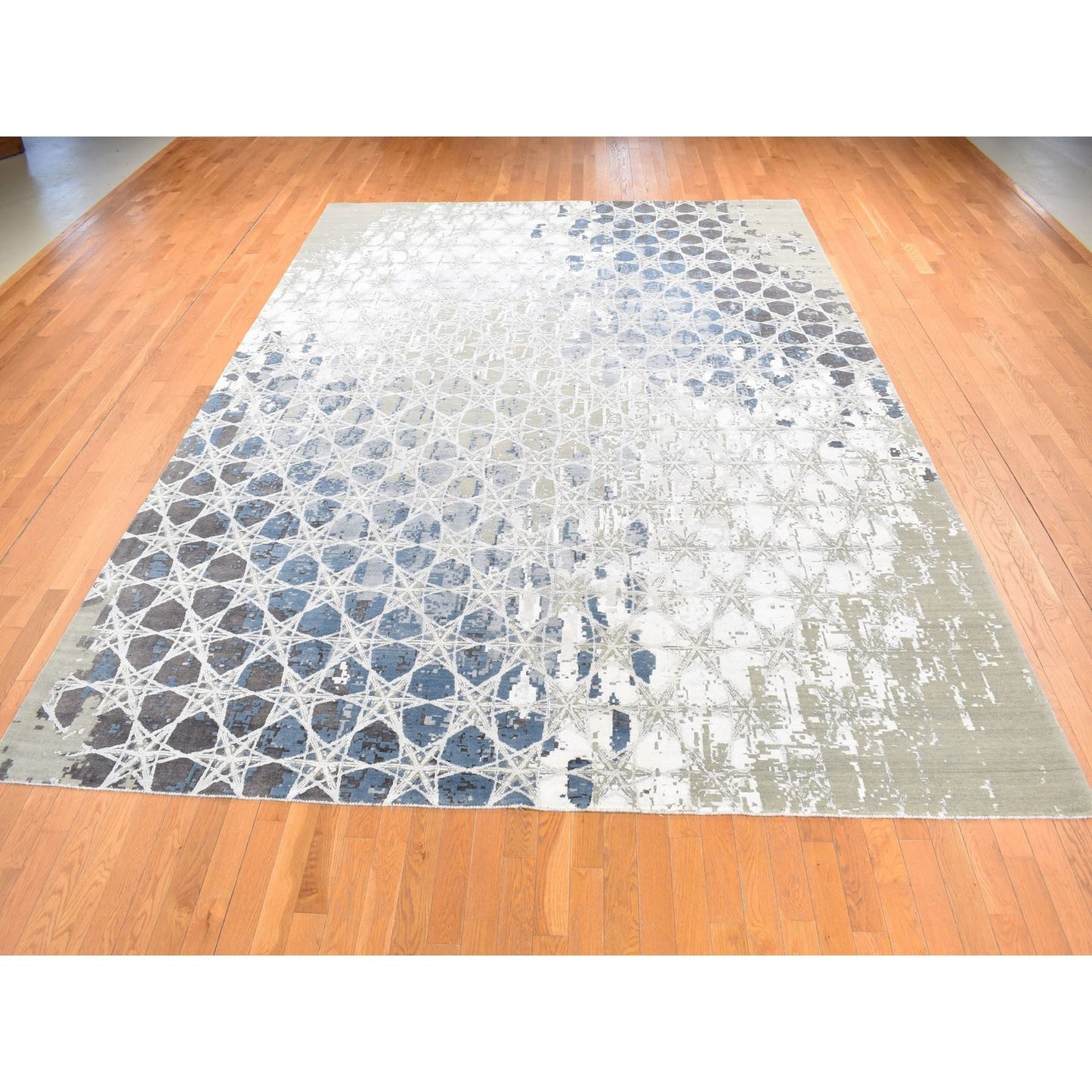 10'X14'1" Gray The Honeycomb Design Hand Knotted Wool And Silk Rug