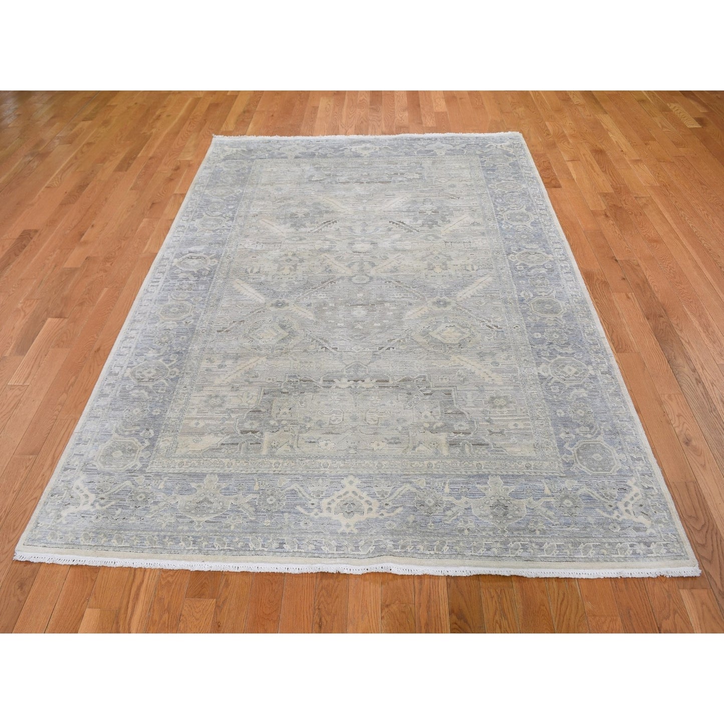 6'X9'5" Gray Pure Silk & Textured Wool Oushak Geometric Motif Rug
