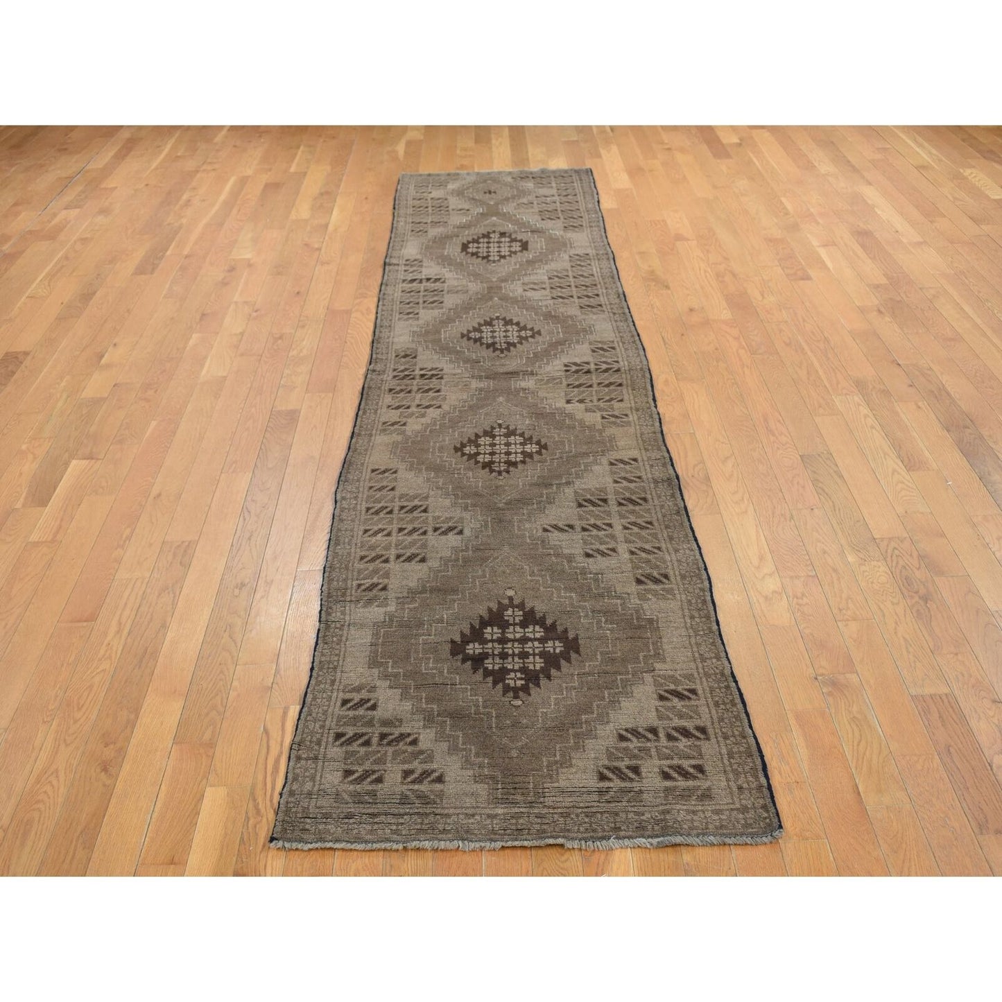 2'9"X12'8" Brown Washed Out Afghan Balooch Wool Hand Knotted Runner Rug