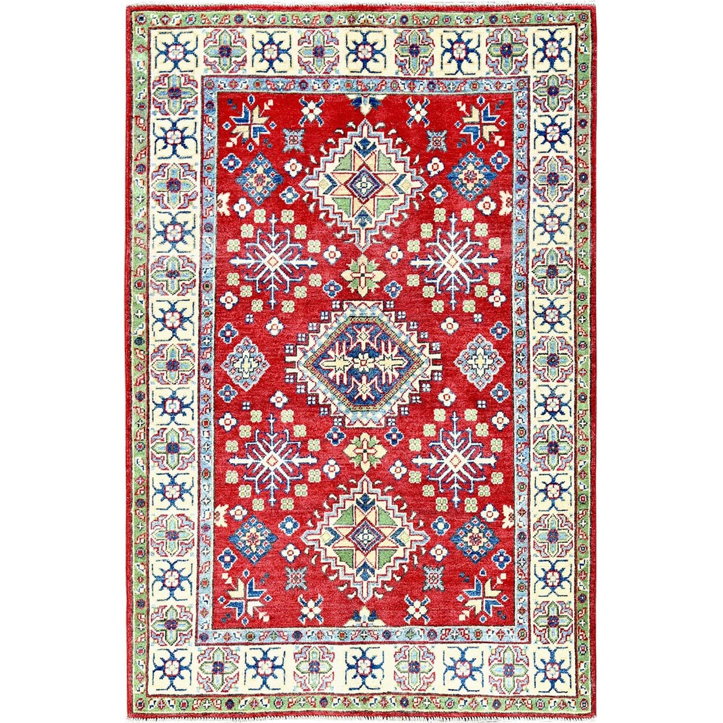4'X6' Crimson Red Kazak With Tribal Motifs Hand Knotted Pure Wool Rug