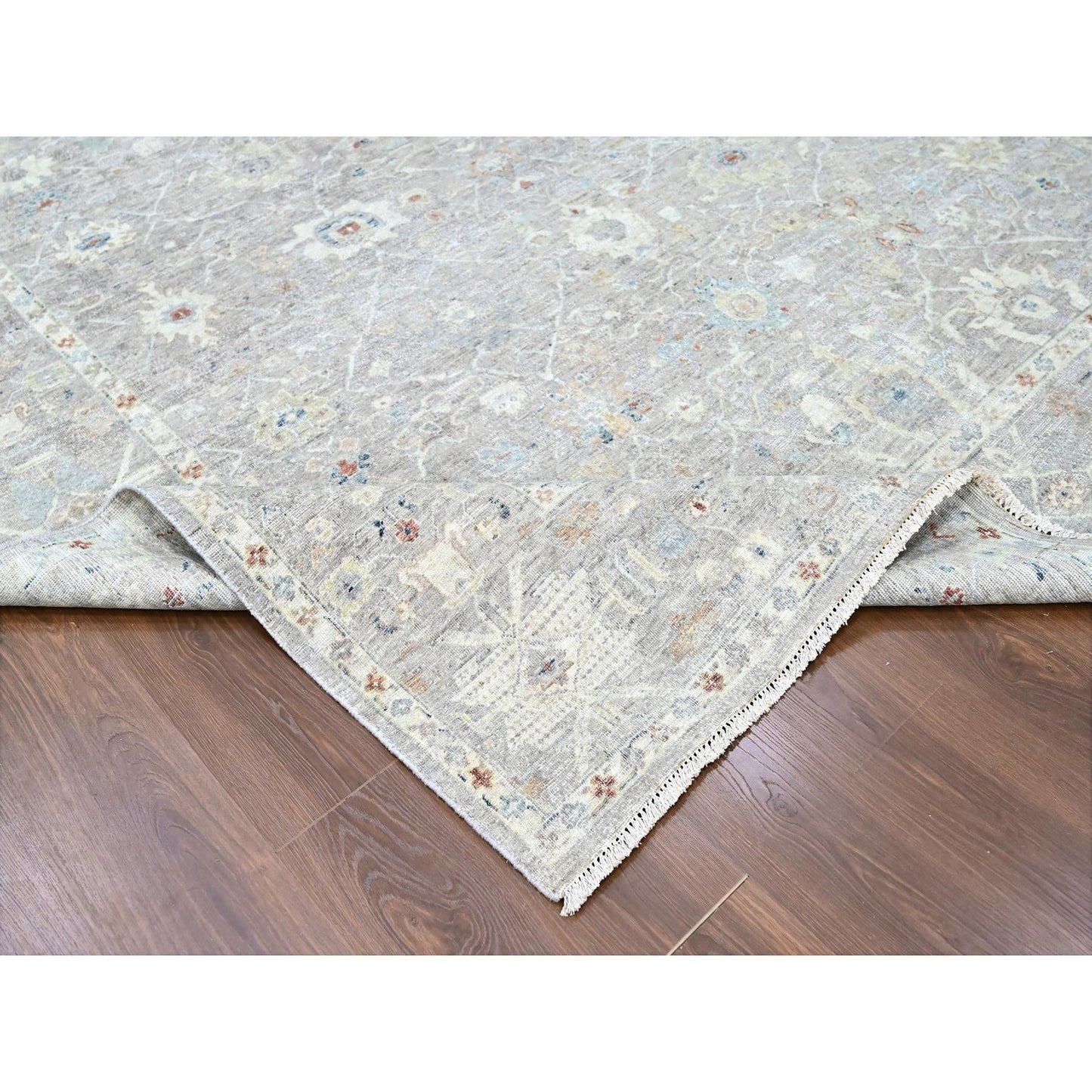 9'X11'9" Gray Antiqued Tebraz Design Zero Pile 100% Wool Hand Knotted Rug