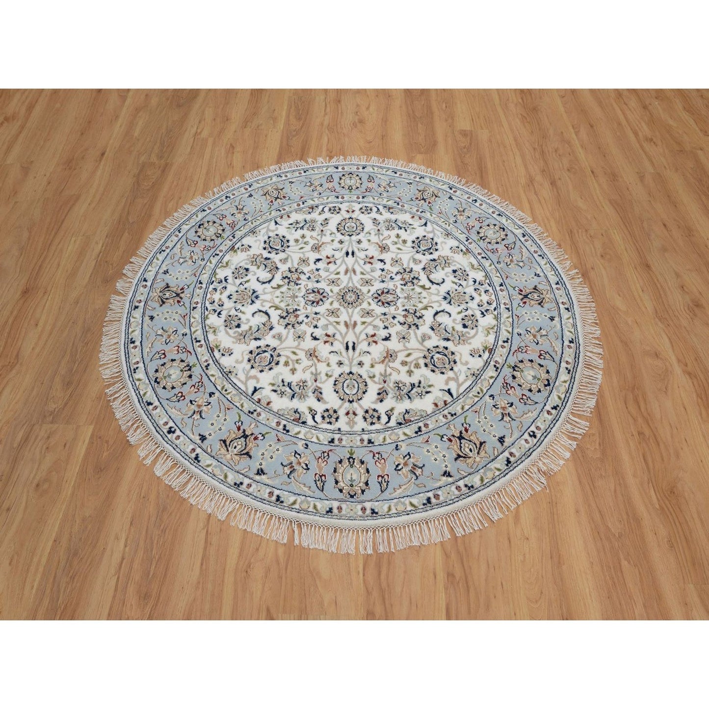 5'2"X5'2" Ivory Wool And Silk Nain Flower Pattern Hand Knotted Round Rug