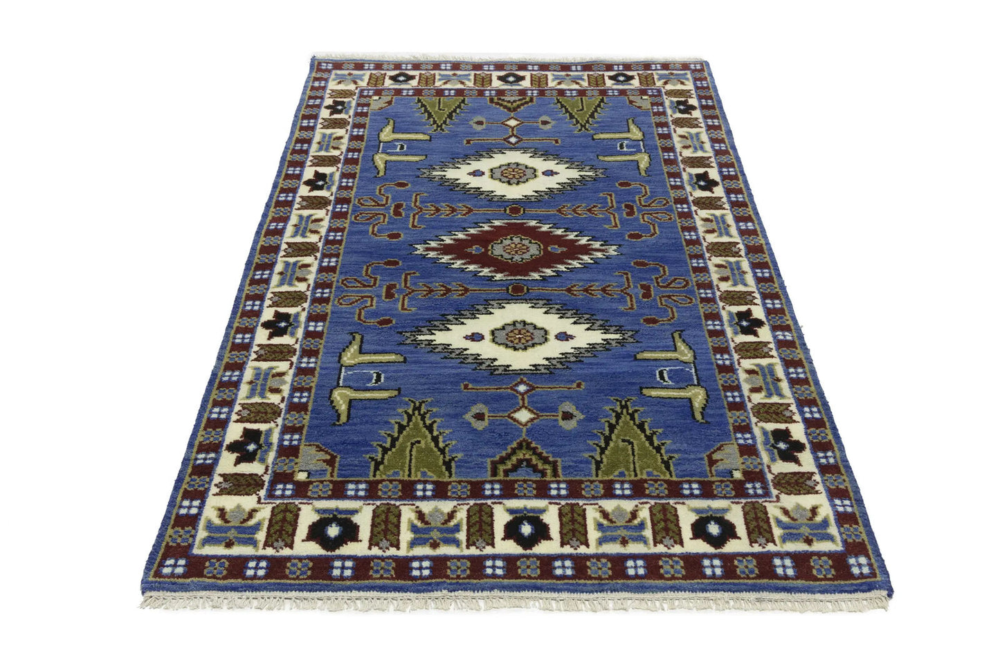 Hand-Knotted Kazak Oriental Rug 4X6 Ft Blue