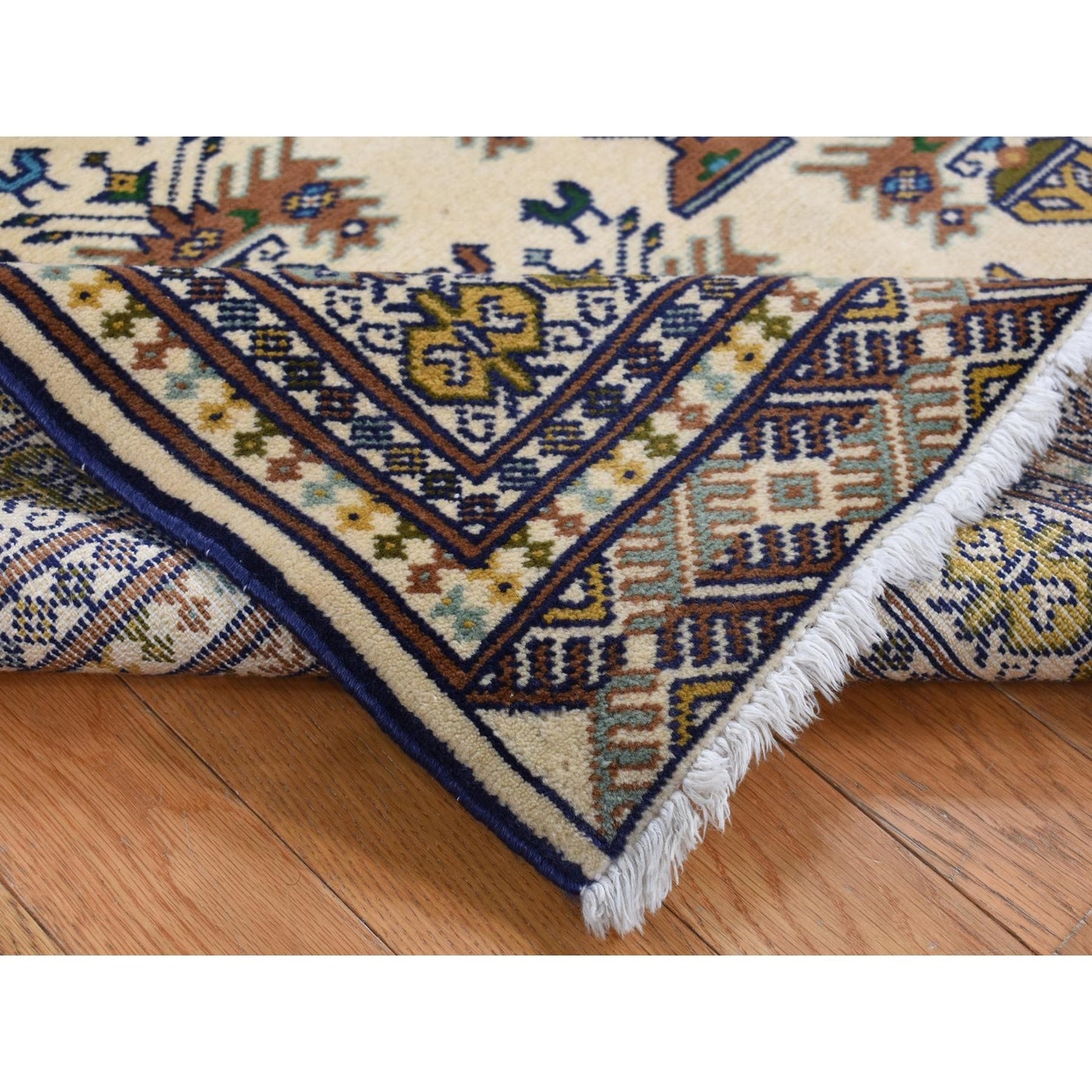 4'3"X5'7" Cream Color Hand Knotted Pure Wool Turkoman Bokara Design Rug