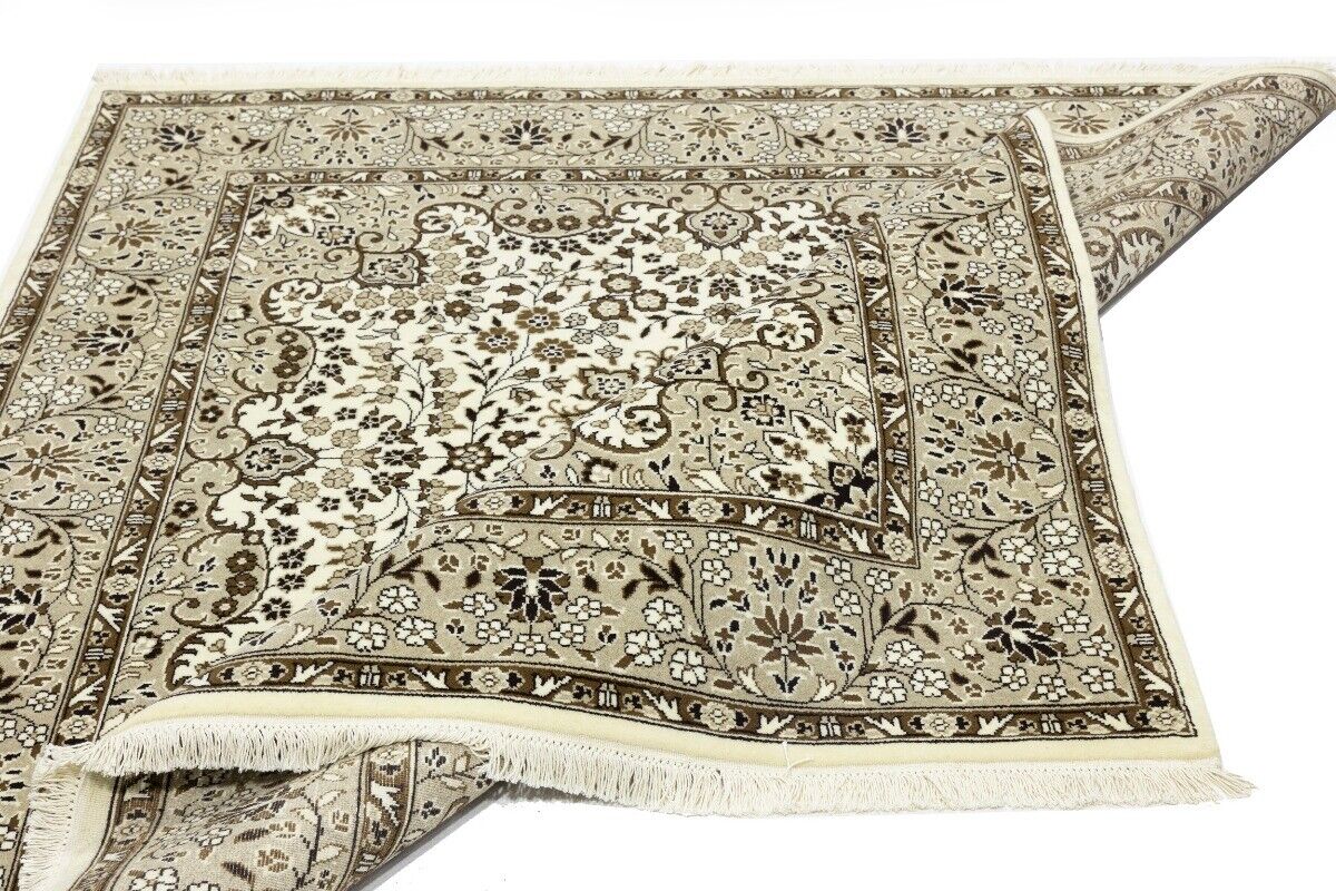 Hand-Knotted Kirman Square Rug Cream Floral Wool