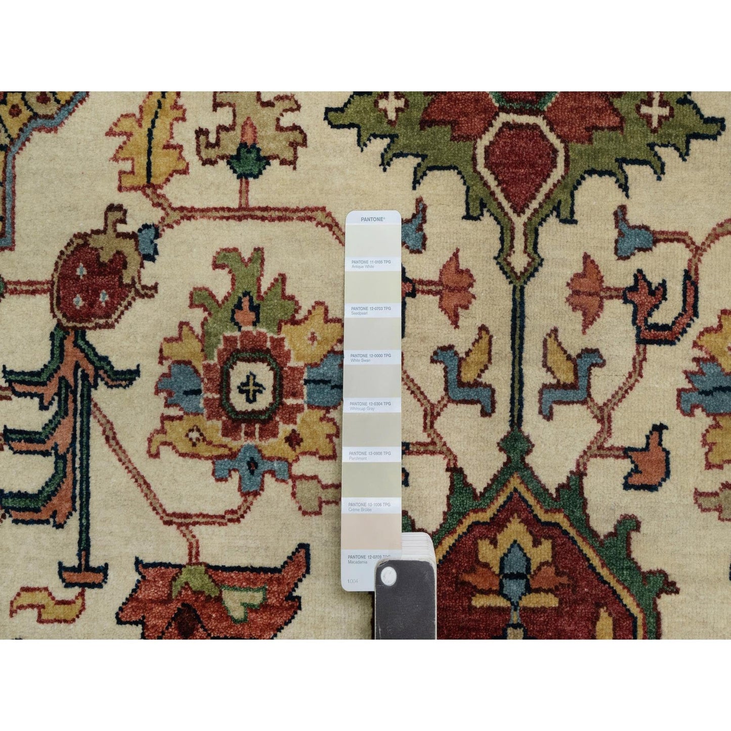 6'2"X9'1" Ivory Antiqued Heris Re-Creation Hand Knotted Soft Wool Rug