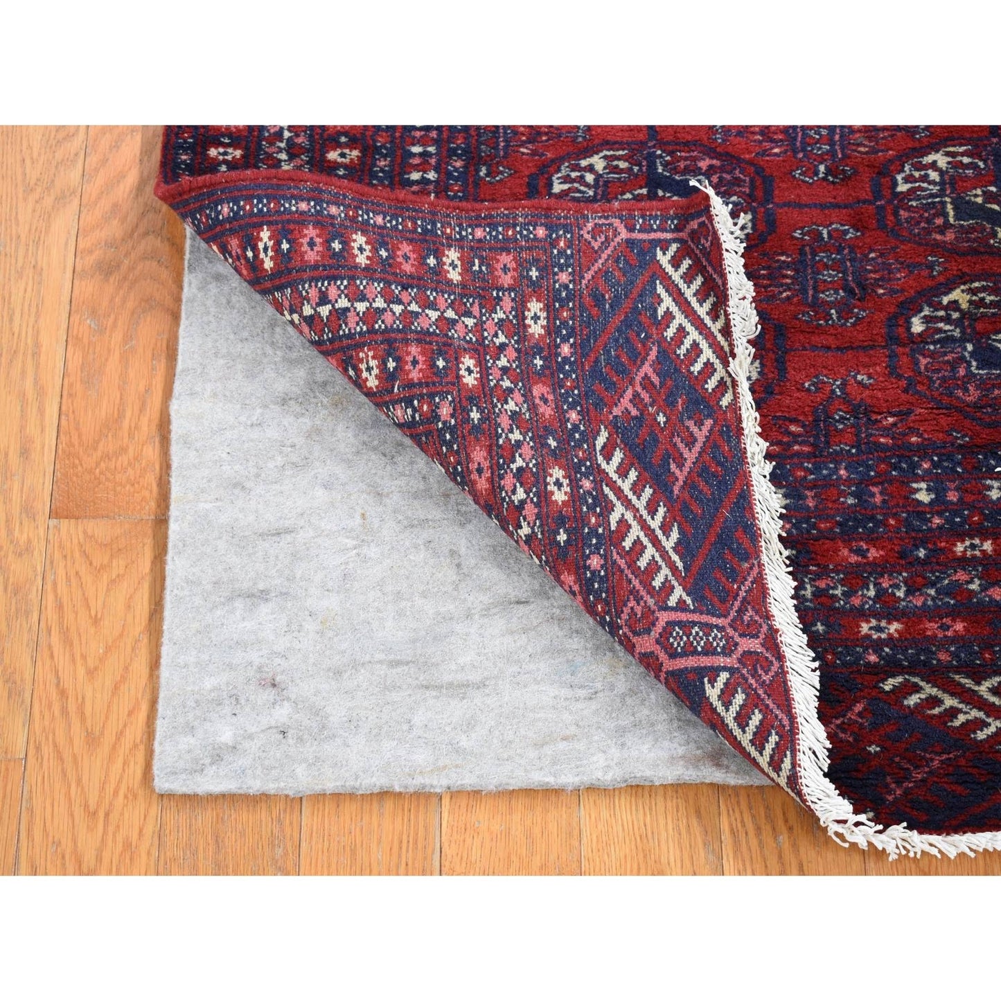 3'1"X5'4" Crimson Red Old Turkeman Bokara Hand Knotted Clean Wool Rug